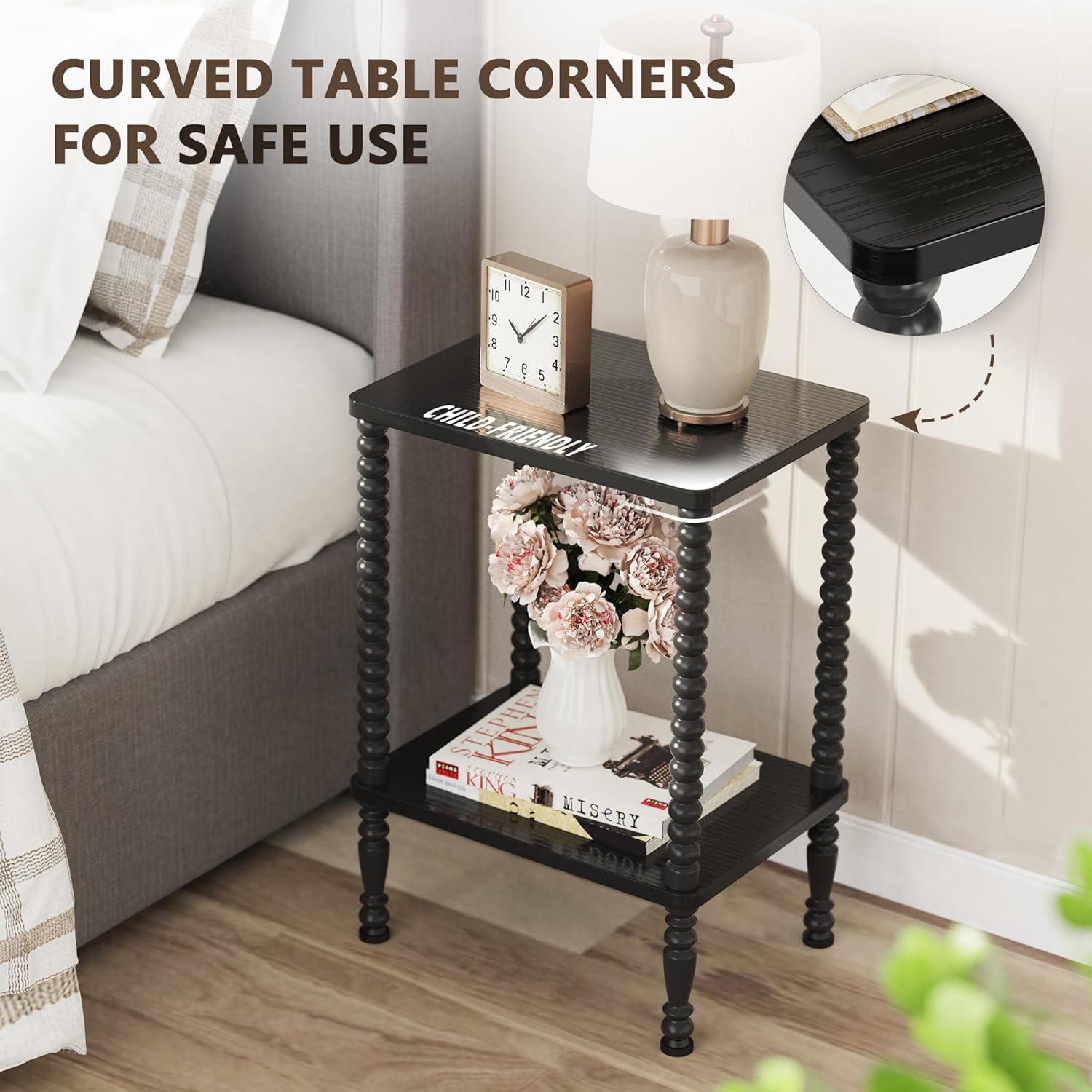 Side Table, 2-Tier Wood End Table, Vintage Bedside Nightstand with Open Storage Shelf for Living Room, Bedroom, Office, Black