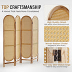 Arched Rattan Room Divider 5.6 Ft Folding Privacy Screen, 4 Panel Freestanding Room Partition with Double Hinges, Lightweight Paulownia Wood Divider for Bedroom, Restaurant, Office, Natural