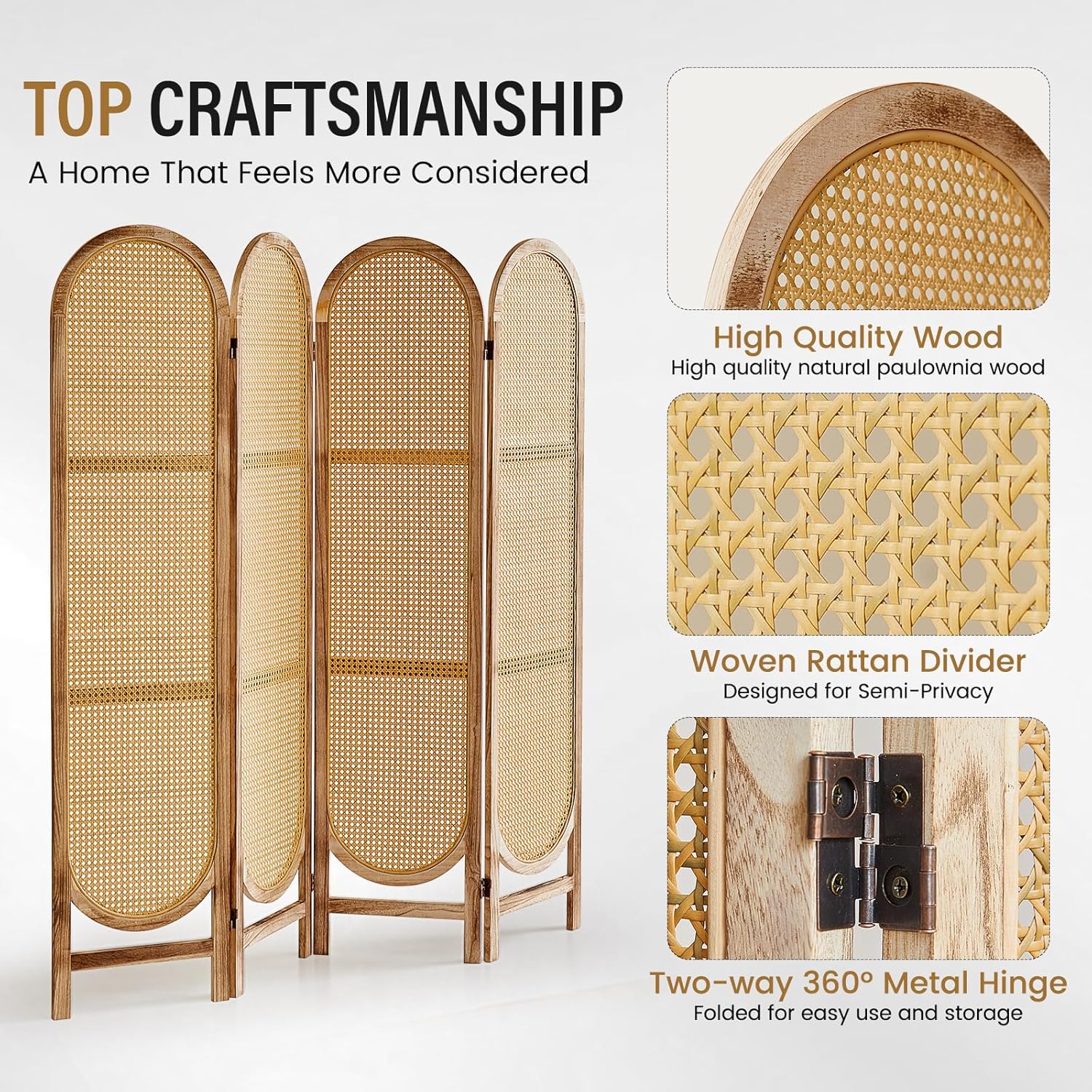 Arched Rattan Room Divider 5.6 Ft Folding Privacy Screen, 4 Panel Freestanding Room Partition with Double Hinges, Lightweight Paulownia Wood Divider for Bedroom, Restaurant, Office, Natural