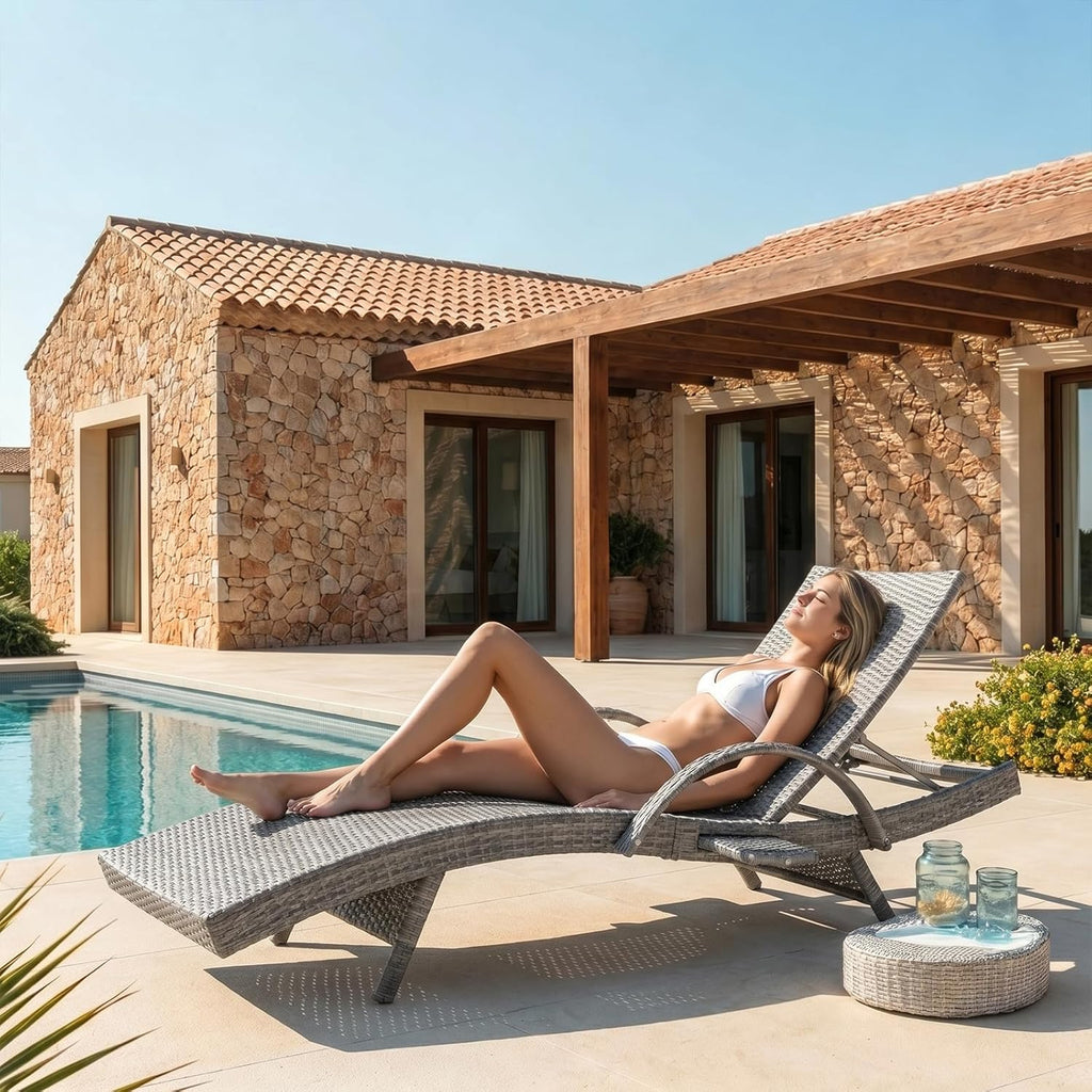 Wicker Outdoor Chaise Lounge Chairs Set of 2, Patio Rattan Reclining Chairs with Pull-Out Side Table, 4-Level Adjustable Backrest, Waterproof Tanning Chairs for Poolside, Beach & Backyard Use, Gray