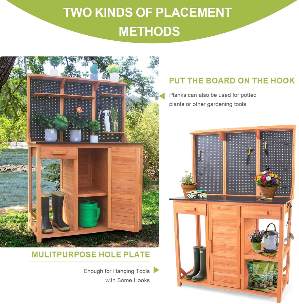 Outdoor Potting Bench, Black, 44 * 20 * 63in | Wooden with Metal Tabletop, Drawer Included, Matching Storage Cabinet, Shelf/Hooks Included