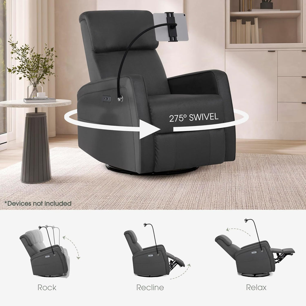 Evolur Maverick Upholstered Power Glider Recliner with Device Holder – Swivel, Rocking & Smooth Power Recline – Greenguard Gold & FSC Certified, Modern Nursery and Living Room Chair in Tempered Grey