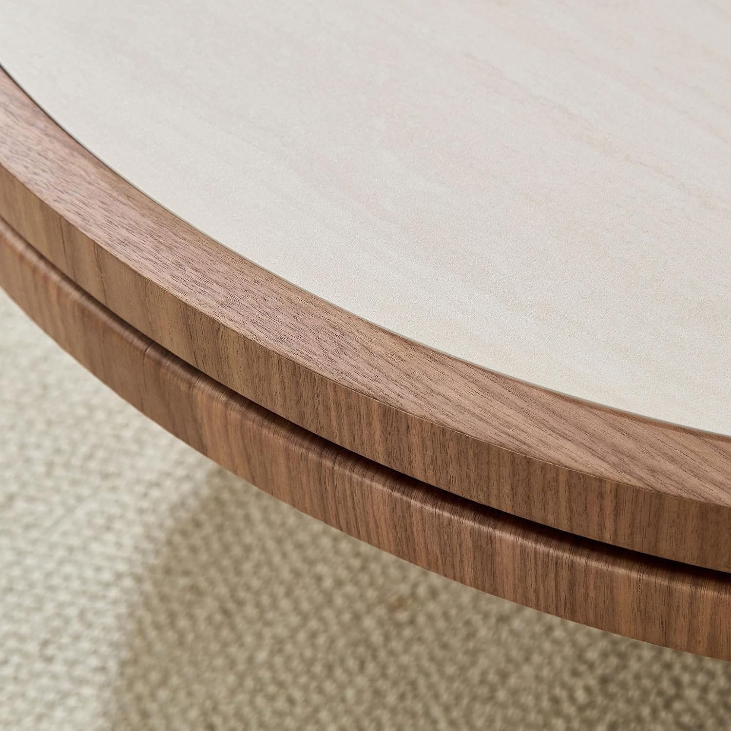 35.43 Inch Round Sintered Stone Side Table, No Assembly MDF Coffee Table with Walnut Finish, Modern Small Accent End Table for Living Room Bedroom Office Apartment Compact Space (35.43''+Walnut)