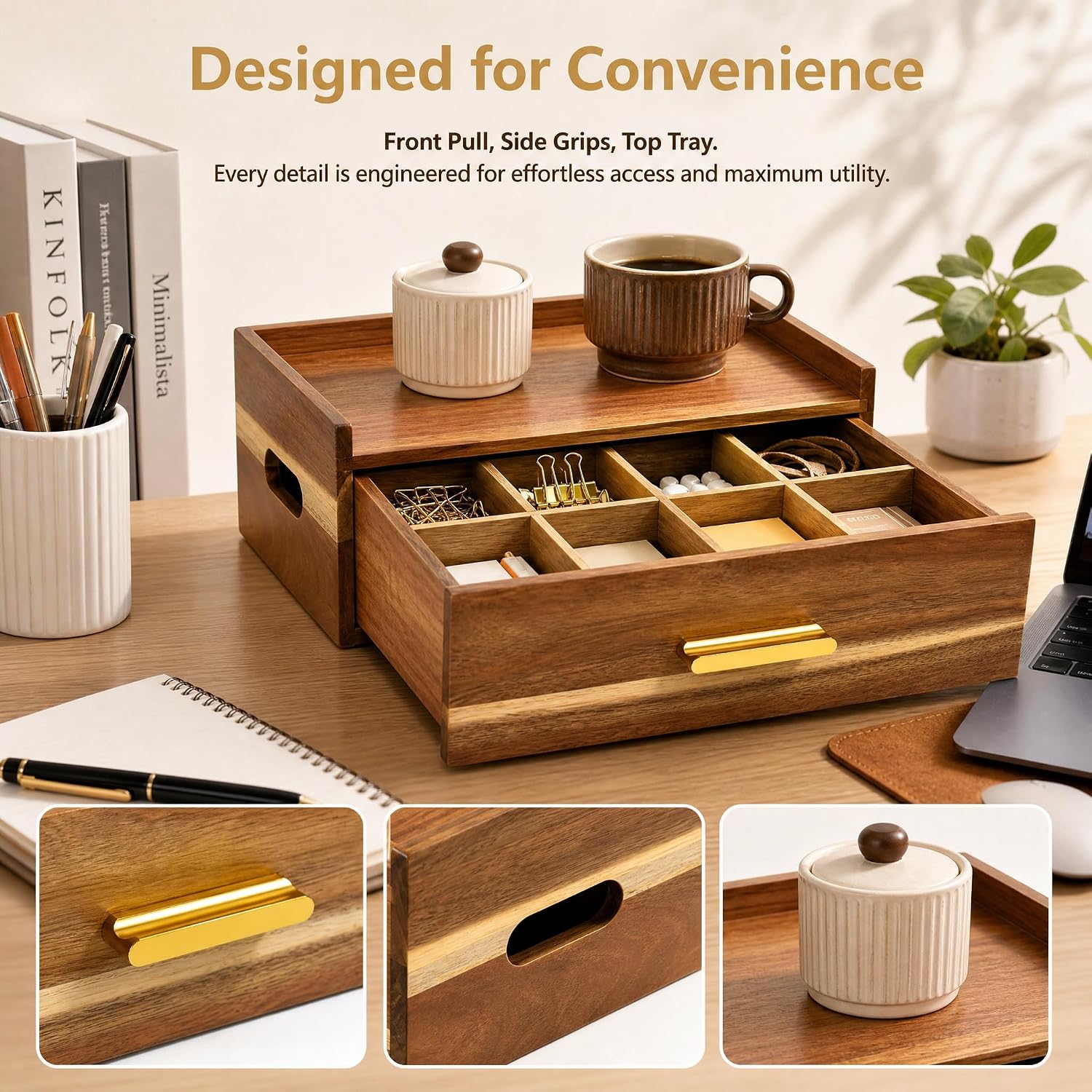 Acacia Wood Tea Bag Organizer 8 Compartment Storage Box & Organizer with Drawer Tea Bag Holder Container Chest,Coffee Station Sugar Packet Display for Countertop, Pantry, Office Cabinet