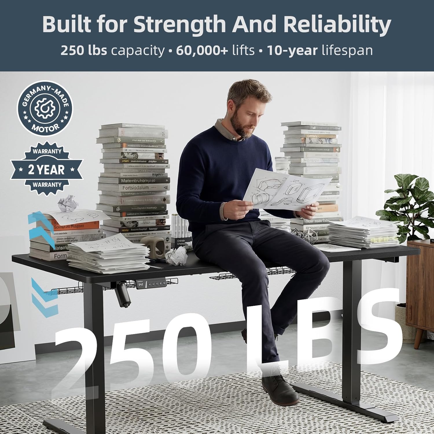 Electric Standing Desk Adjustable - 60 x 30 Inch Sit Stand Desk with Flip-Top Cable Management,Mouse Pad,Clamp Power Strip,Dual-Beam Frame,3 Memory Preset Height Adjustable for Home Office