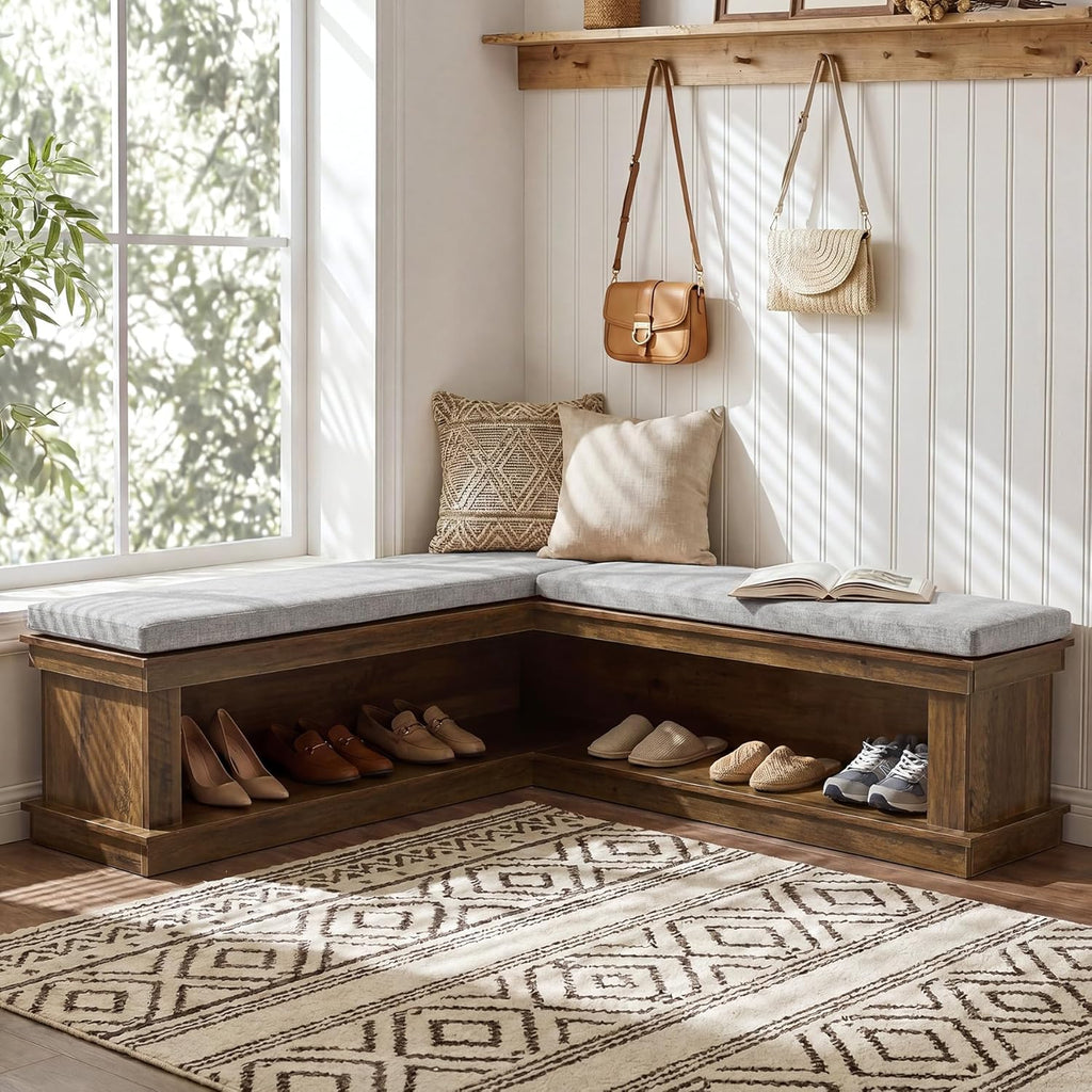 Tribesigns L-Shaped Storage Bench with Cushion, 63" Farmhouse Wooden Corner Entryway Shoe Bench with Open Shelves, L-Shaped Kitchen Nook Seating for Living Room, Hallway, Rustic Brown & Beige