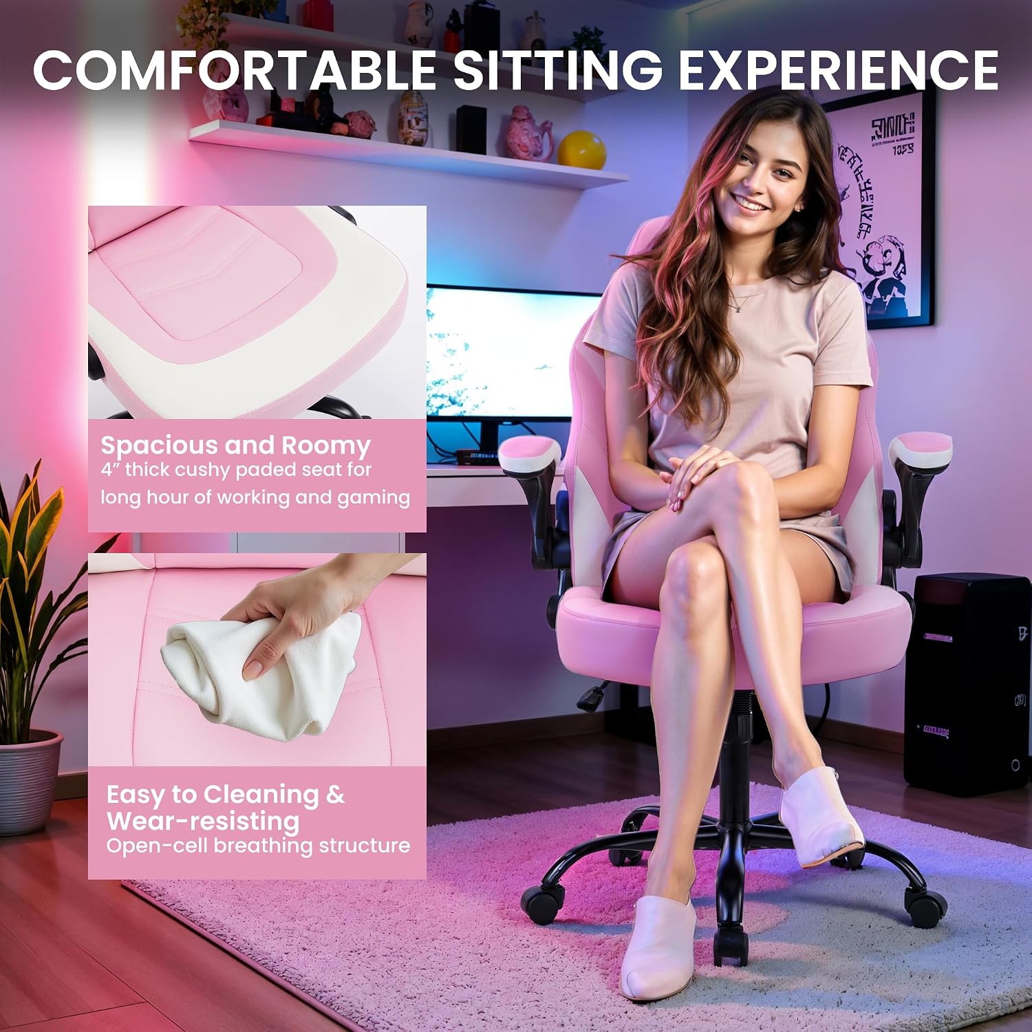 Ergonomic Gaming Desk Chair - Adjustable PU Leather Swivel Racing Chair with Flip-up Armrests for Home Office and Entertainment, Perfect for Adults, Kids, and Gamers