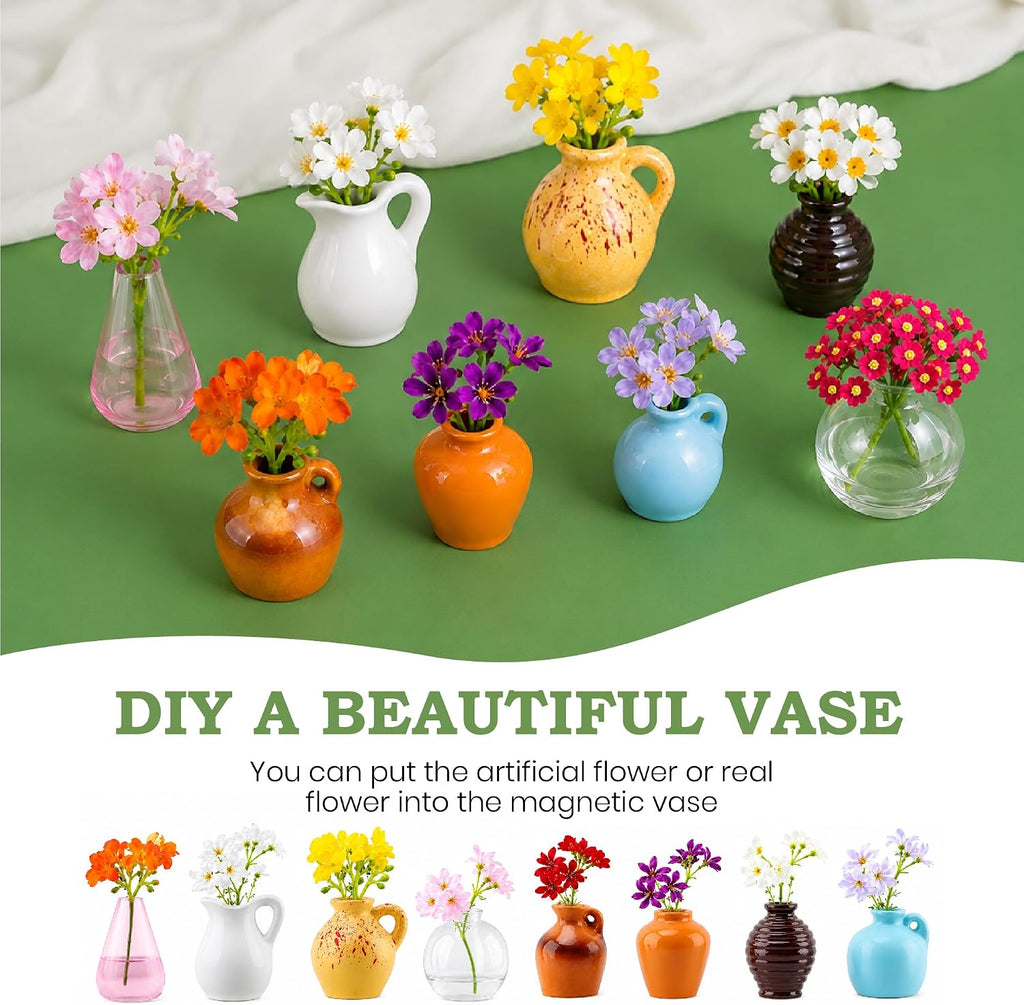 8 Pcs Refrigerator Magnets with Flowers- Cute Mini Ceramic Vase Fridge Magnets with Artificial Flowers, Funny Tiny Vase Magnet for Fridge Decorative, Office, Kitchen, Locker, Whiteboard