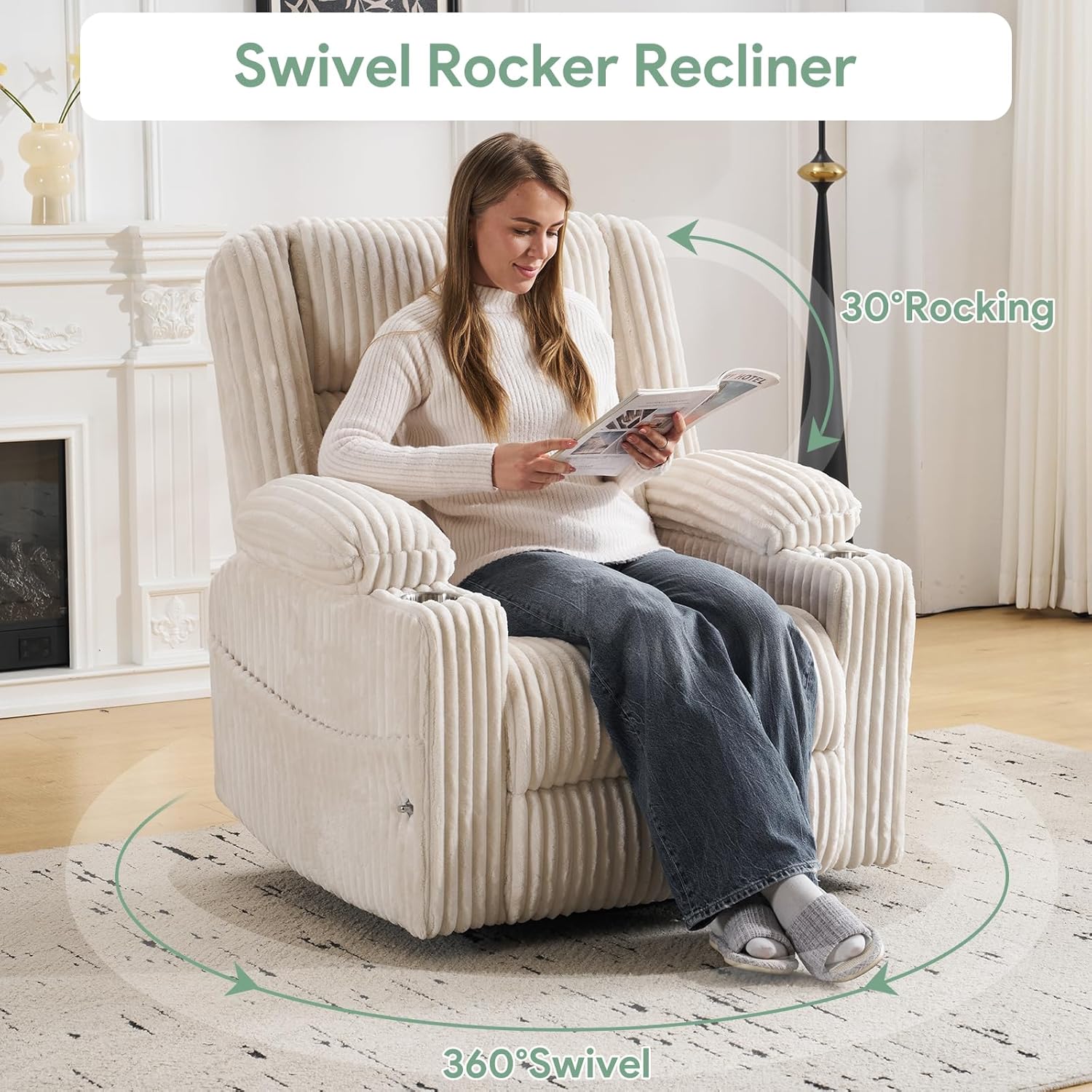 Power Recliner Chair with Massage and Heat, Oversized Swivel Rocker Recliner for Adults with Adjustable Headrest, Nursery Glider with Arm Storage and Cup Holder, Beige