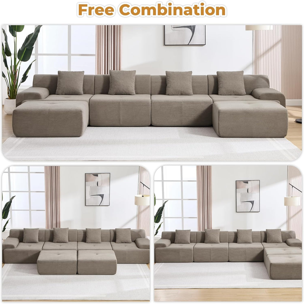 160" U Shaped Boneless Modular Sectional Sofa, Oversized 6-Seater Full Sponge Cloud Couch with Movable Ottoman, Corduroy Upholstery Couches for Living Room, No Assembly, Brown