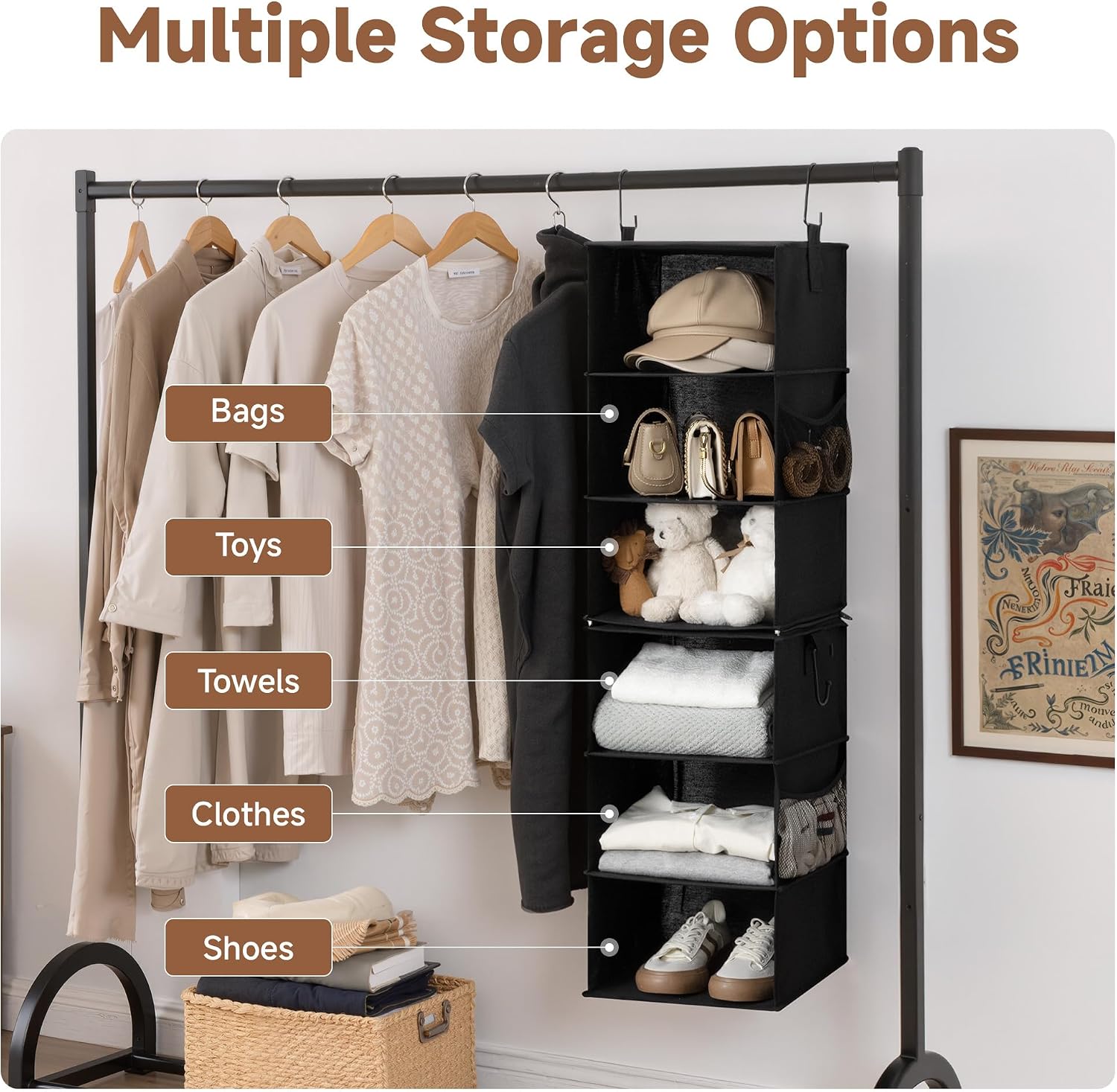 StorageWorks Hanging Closet Organizer 6-Shelf, Separable Two 3 Shelf Closet Storage Organizer with Side Pockets, Portable Hanging Shelves for Clothes, Sweater, Towels, 12" D x 12" W x 48¼"H, Black