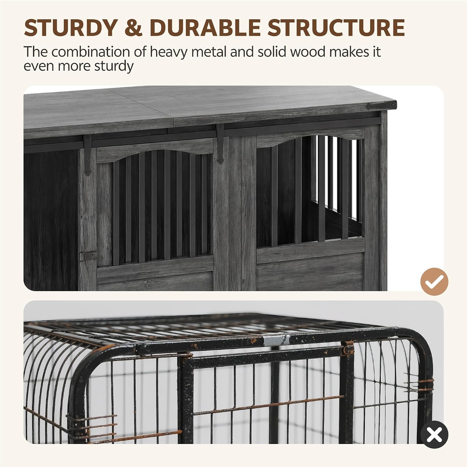 Homiflex 53 Inch Wooden Dog Crate Furniture Heavy Duty Dog Kennel Furniture with Sliding Doors for Large Breed Decorative Solid Wood Dog Cage End Table for Indoor, Grey