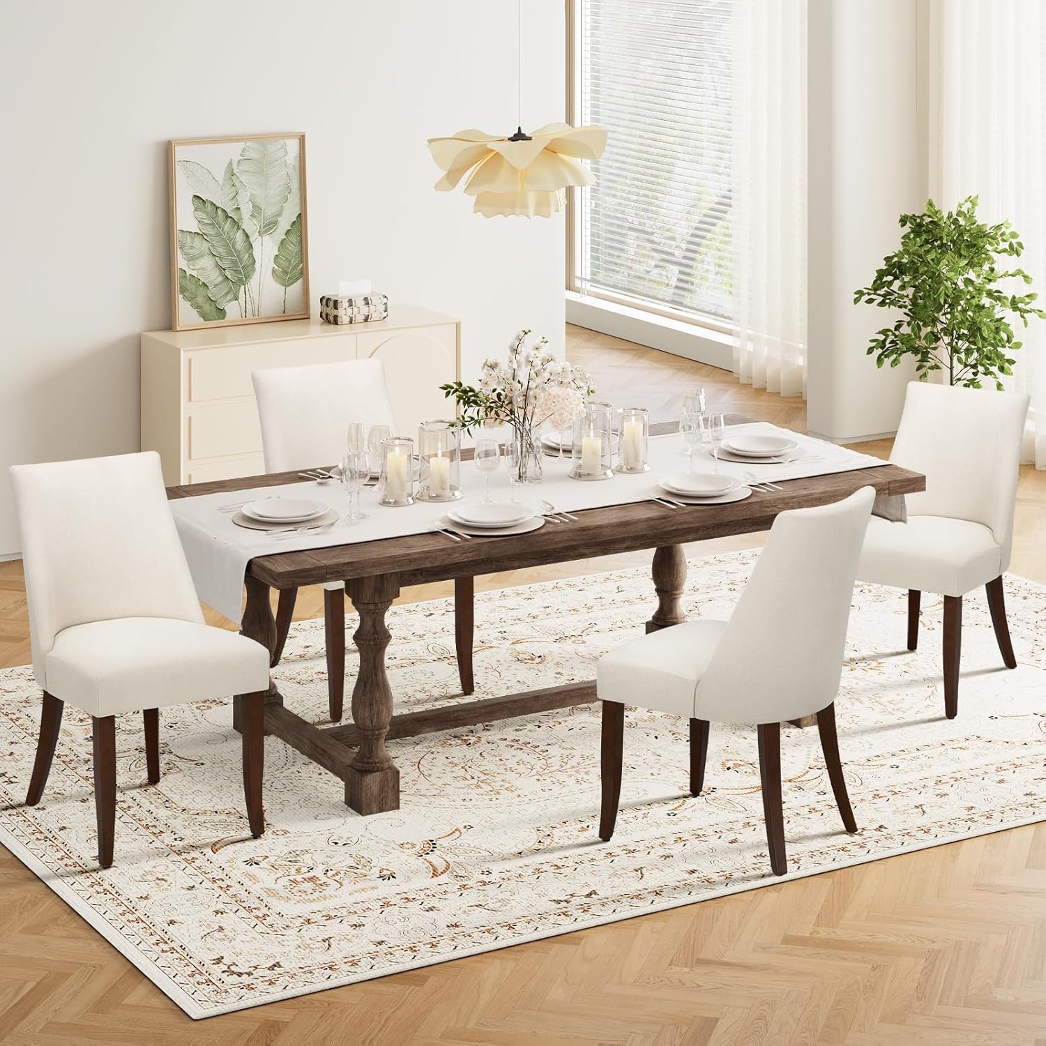 Upholstered Dining Chairs Set of 6, Mid Century Modern Kitchen Chairs with Back, Farmhouse Fabric Side Dining Room Chairs with Wood Legs for Dining Room Restaurant, Beige