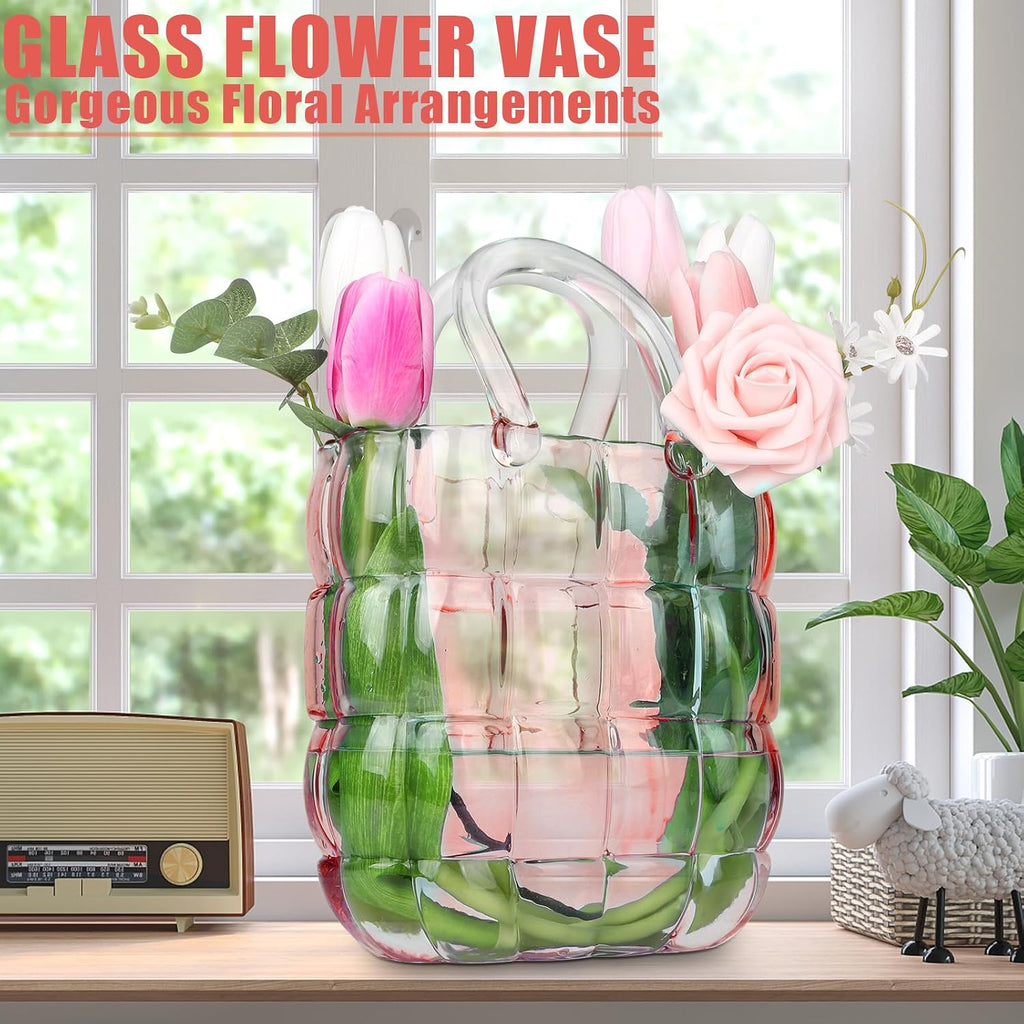 Unique Pink Purse Vase for Flowers,11'' Handmade Thicken Bubbled Glass Bag Vases with Gradient Color for Home Decors .Great Clear Purse Flower Vase for Centerpiece,Floral Arrangement,Wedding Decors.