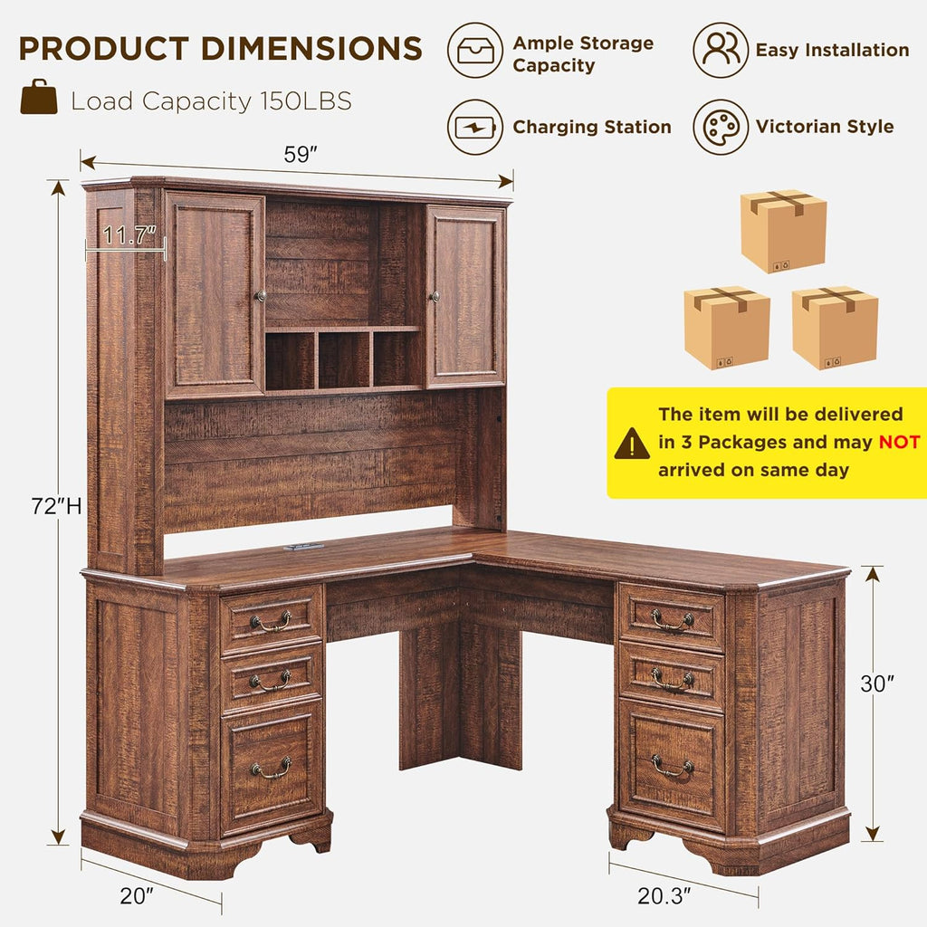 T4TREAM L Shaped Desk with Hutch,59" Farmhouse Wood Home Office Executive Desk,Charging Station,File Drawer, Storage Cabinet,Computer Desk for Work and Study (Reclaimed Barnwood)