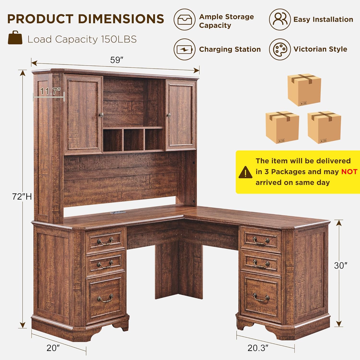 T4TREAM L Shaped Desk with Hutch,59" Farmhouse Wood Home Office Executive Desk,Charging Station,File Drawer, Storage Cabinet,Computer Desk for Work and Study (Reclaimed Barnwood)