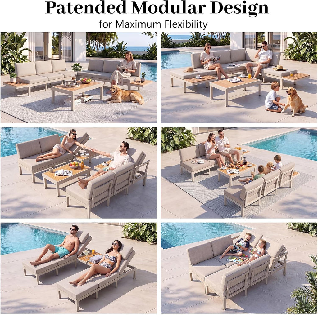 3-Seat Modular Aluminum Outdoor Sofa, Adjustable Reclining Design with Removable Side Table, All-Weather Patio Furniture Set with Water-Resistant Cushions for Backyard Poolside, Beige