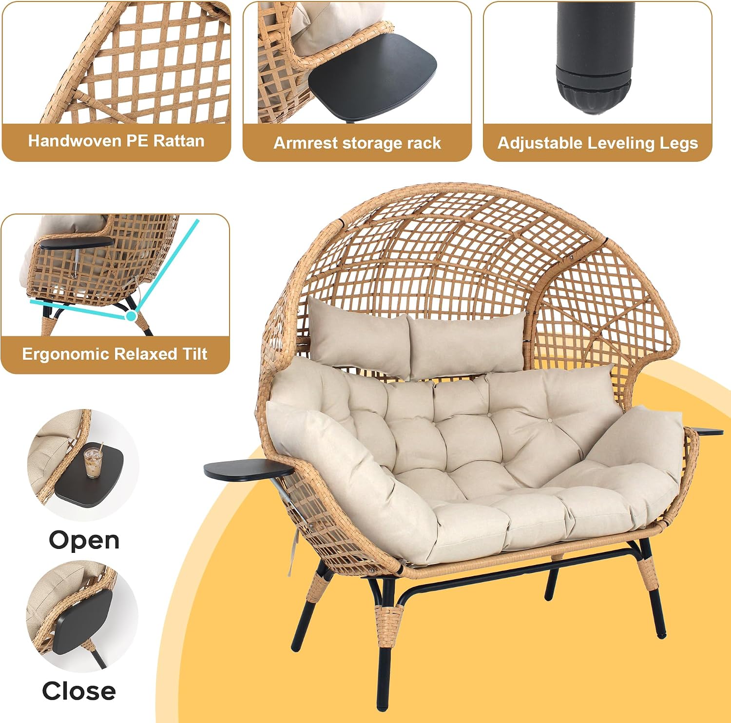Double Egg Chair Outdoor Indoor 2 Person Wicker Egg Lounge Chair with Foldable Cup Holder Cushion Rain Cover Patio Oversized Loveseat for Balcony Porch Backyard
