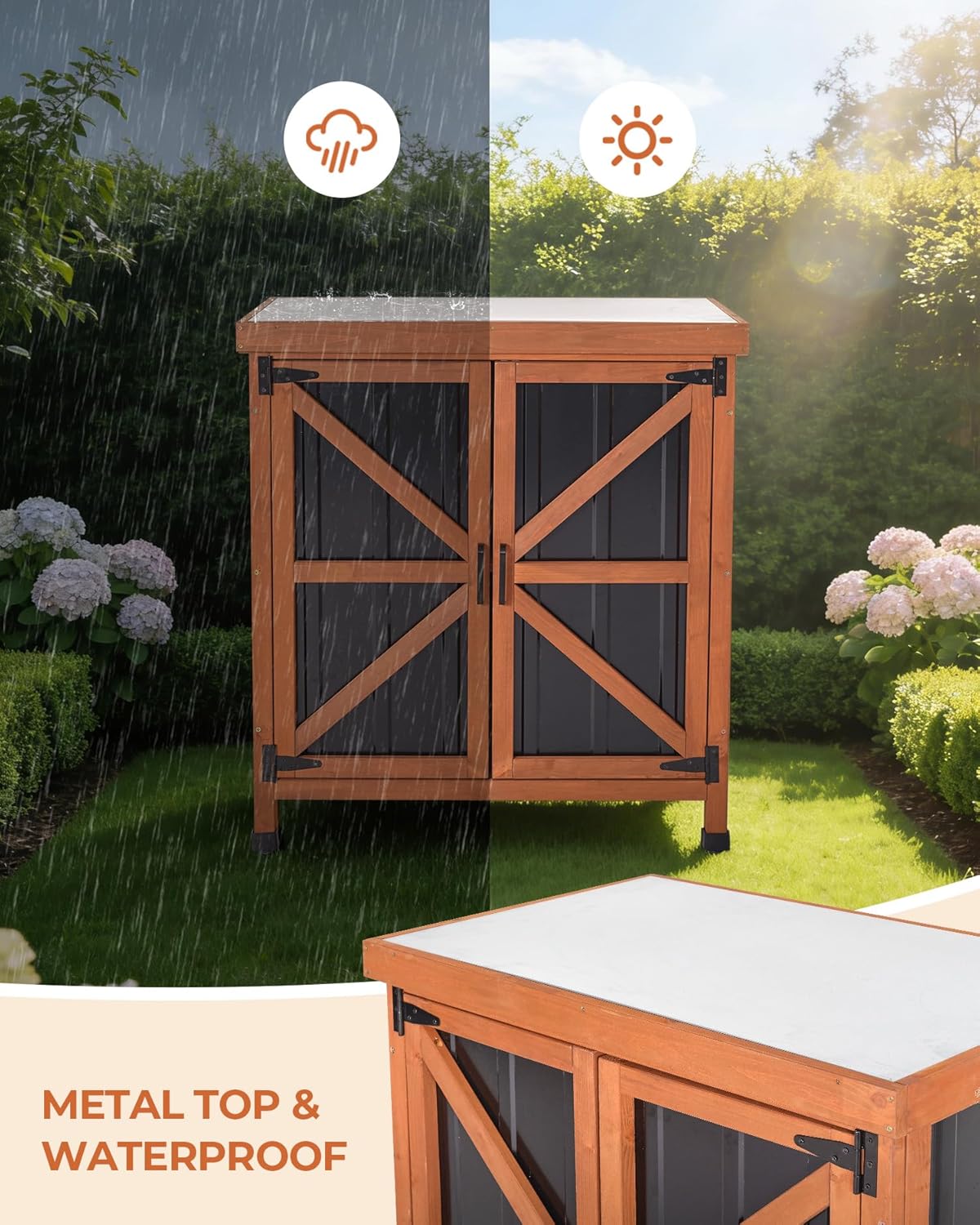 Outdoor Storage Cabinet, 31.5"×17.7"×33.3" in Wood Garden Tool Shed with Rustproof Metal Top, Potting Bench for Patio, Backyard, Pool & Garage, Organizer with Shelves