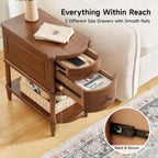 ONBRILL Narrow End Table with Charging Station, Pre-Assembled Nightstand with 2 Drawers & Shelf, Vintage Rustic Side Table with Storage, Wood Bedside Table for Bedroom Living Room, Walnut