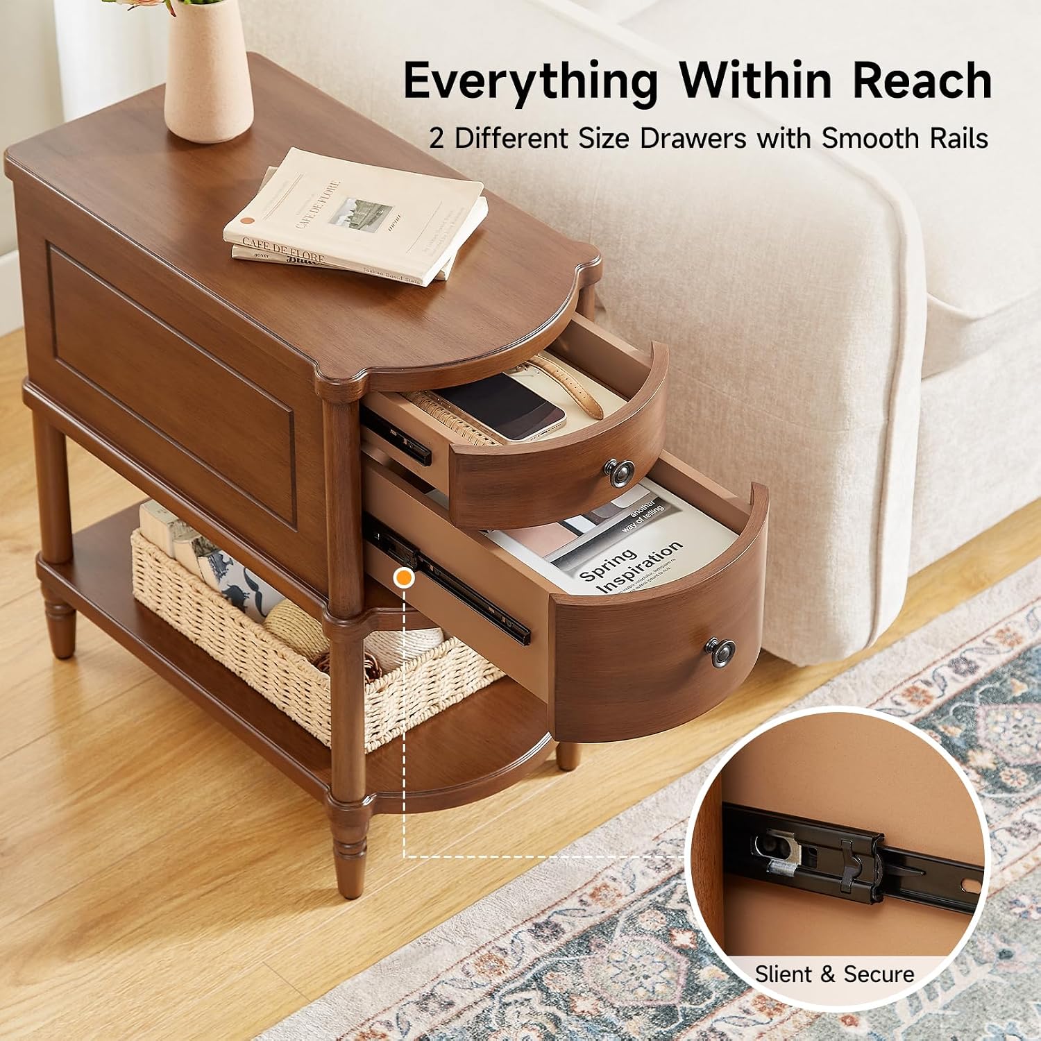 ONBRILL Narrow End Table with Charging Station, Pre-Assembled Nightstand with 2 Drawers & Shelf, Vintage Rustic Side Table with Storage, Wood Bedside Table for Bedroom Living Room, Walnut