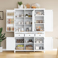 74.8" H Farmhouse Kitchen Pantry Cabinet with Pull-Out Trays, 53" L x 20" W Large Cupboard Storage Cabinet with 3 Drawers and Adjustable Shelves for Dining Room, Kitchen, White