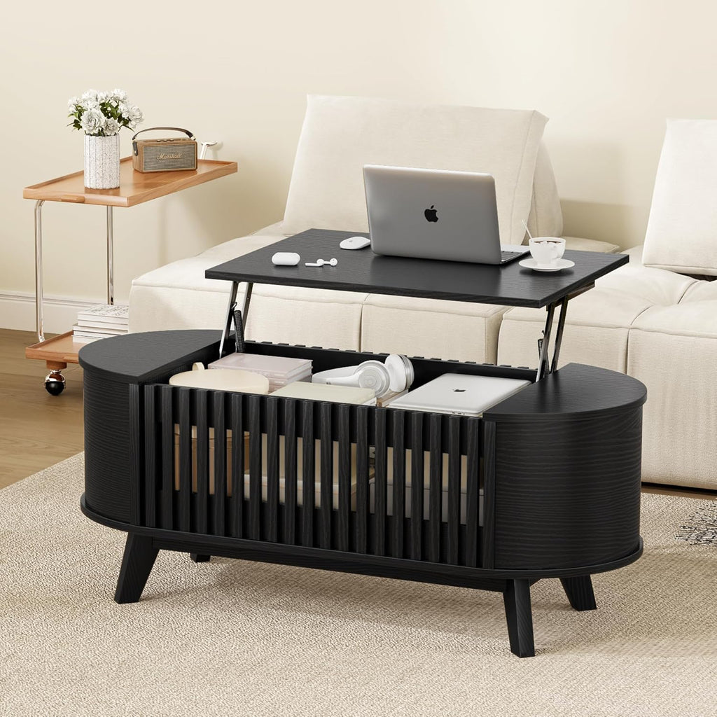 Oval Coffee Table for Living Room with Slatted Sides Frame, Modern Lift Top Coffee Table with Storage Hidden Compartment, Lift Tabletop Dining Table, Curved Corner, 40inch, Black