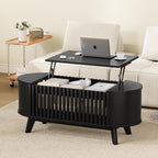 Oval Coffee Table for Living Room with Slatted Sides Frame, Modern Lift Top Coffee Table with Storage Hidden Compartment, Lift Tabletop Dining Table, Curved Corner, 40inch, Black
