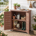 Potting Bench with Storage Cabinet and Metal Table Top for Outdoor Patio, Garden Furniture Wood Workstation (Dark Brown, 31x17x36‘’)