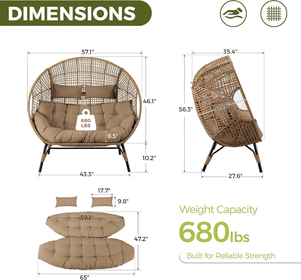 RADIATA 2-Person Double Egg Chair, 57.1" Extra Wide Outdoor Wicker Loveseat with 6.5" Thick Cushion, 600 lbs Capacity Oversized Lounge Chair for Patio, Porch, Backyard,Balcony or Indoor Use,Brown