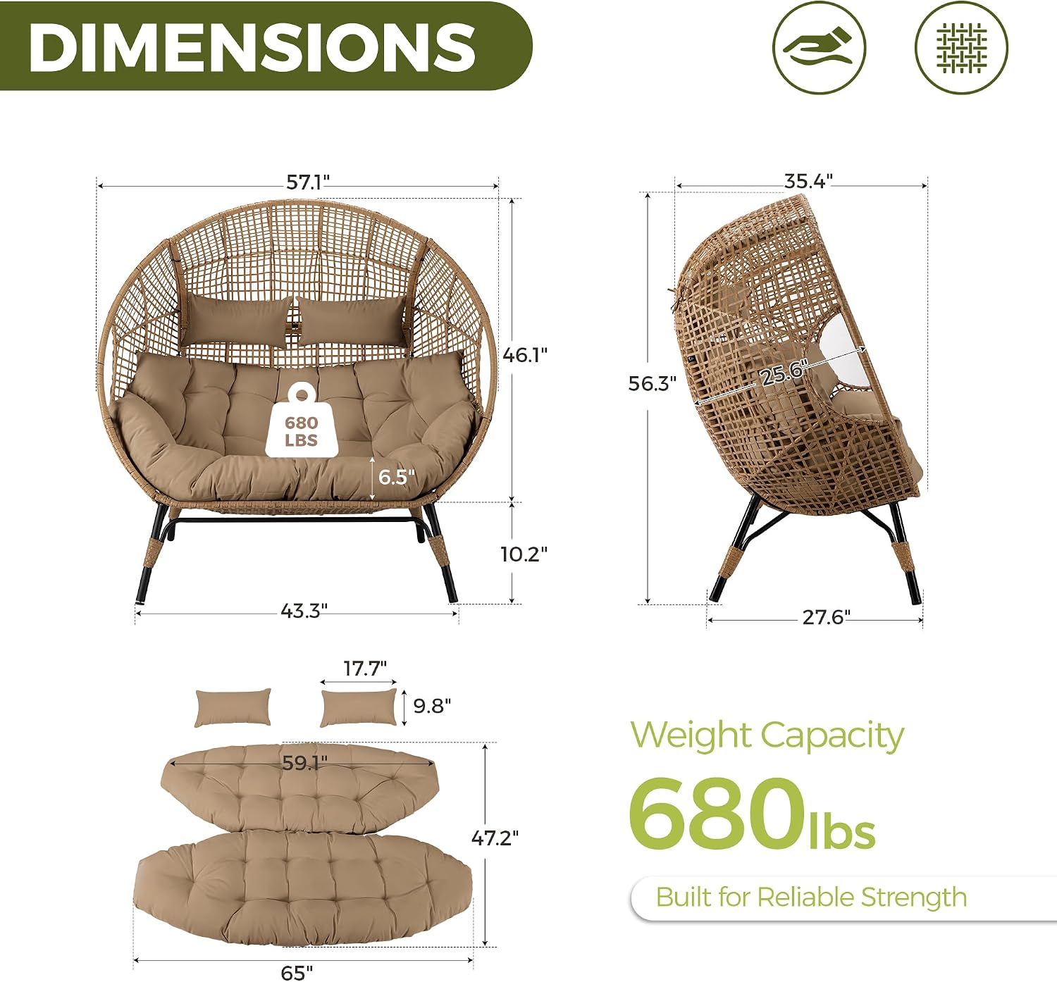 RADIATA 2-Person Double Egg Chair, 57.1" Extra Wide Outdoor Wicker Loveseat with 6.5" Thick Cushion, 600 lbs Capacity Oversized Lounge Chair for Patio, Porch, Backyard,Balcony or Indoor Use,Brown