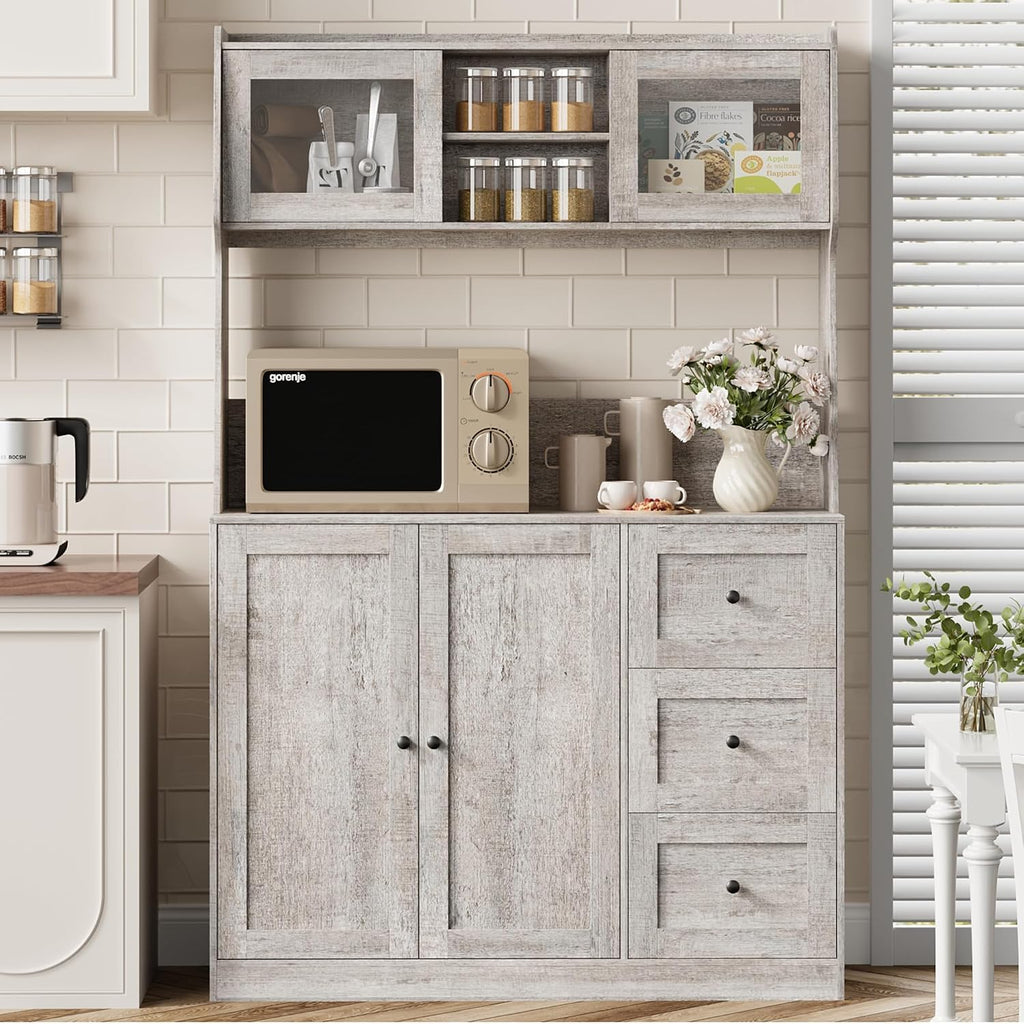 67'' Tall Kitchen Pantry Cabinet with Microwave Shelf, Sideboard Hutch Storage Cabinet with Doors, Shelves and Drawers, Wooden Coffee Bar, Sideboard Buffet Cabinets with Storage for Office(Grey)