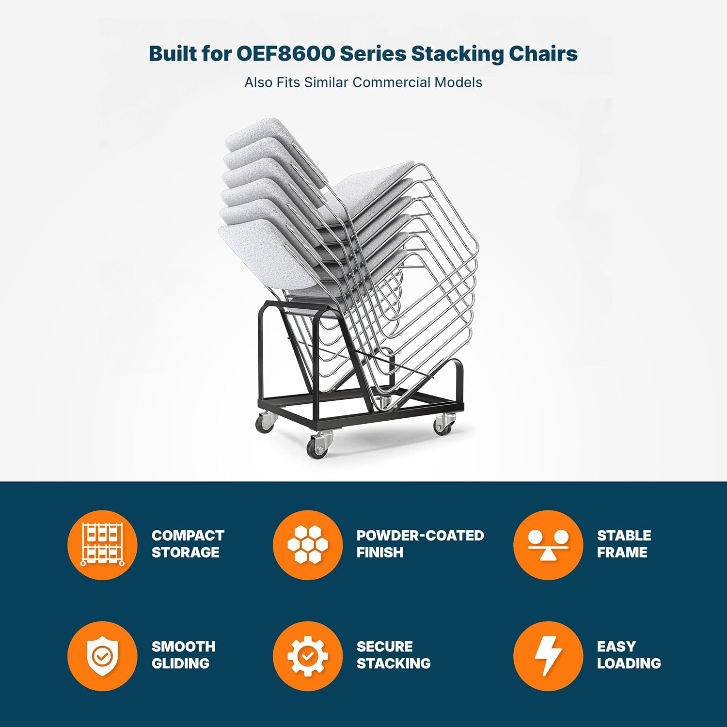 OEF Furnishings OEFDY86 Stack Chair Dolly, Heavy Duty Steel Cart (Vertical Cradle, Fits OEF8600 Series and Similar Sized Stack Chairs, 1100 lb Weight Capacity, Swivel Casters)