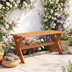 Tangkula Outdoor Wood Bench Backless, Patio Dining Bench with Teak Oil Finish & Slatted Seat, X-Shaped Frame, Farmhouse Wooden Bench Plant Stand, Outside Bench for Porch, Garden, Entryway (1)