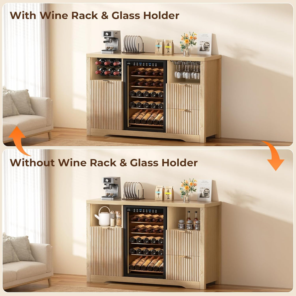 Coffee Bar Cabinet with Fridge Space, 53"L Wine Cabinets with Storage Drawer, Wood Buffet Sideboard Table, Fluted Liquor Cabinet with Wine Rack for Home Living Room,20"D x 53.1"W x 39.4"H-Natural Oak