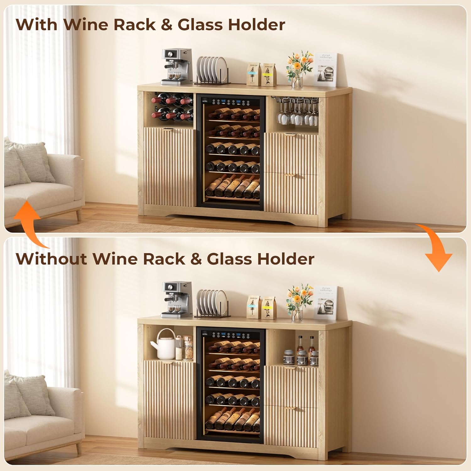Coffee Bar Cabinet with Fridge Space, 53"L Wine Cabinets with Storage Drawer, Wood Buffet Sideboard Table, Fluted Liquor Cabinet with Wine Rack for Home Living Room,20"D x 53.1"W x 39.4"H-Natural Oak