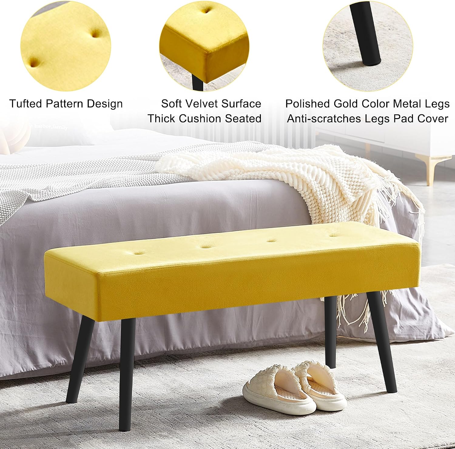 Homedot Accent Bench for Living Room Ottoman Bench Elegant Velvet Bedroom Bench End of Bed with Black Metal Legs, Indoor Bench for Dining Room, Living Room, Make Up Room