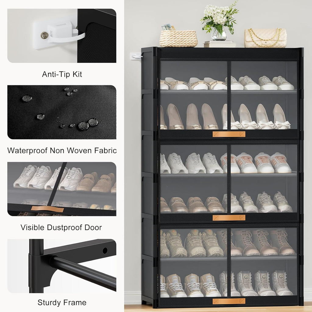 Shoe Rack, 7 Tier Shoe Storage Cabinet with Doors, 28 Pair Shoe Shelves Organizer for Entryway Closet, Plastic Shoe Shelf with Metal Frame for Bedroom Hallway, Black