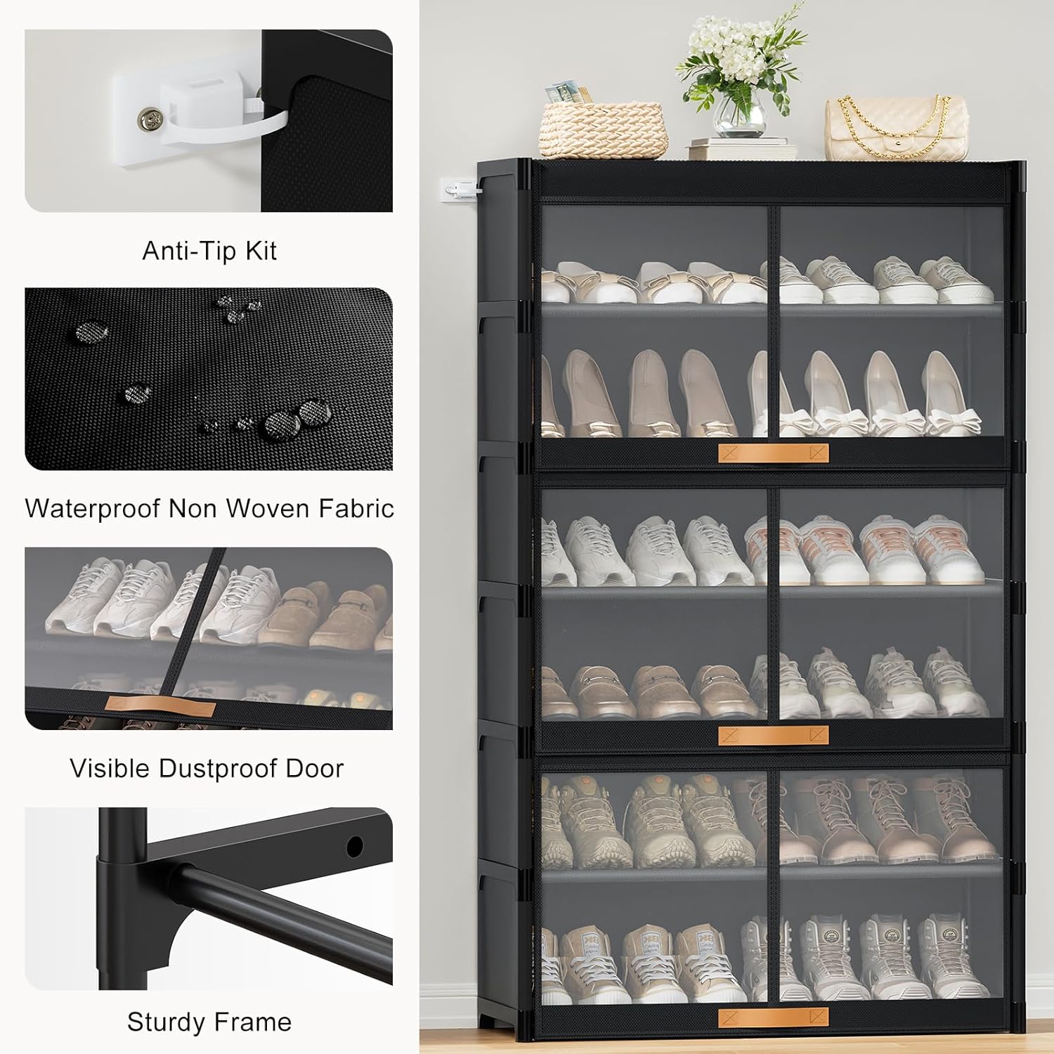 Shoe Rack, 7 Tier Shoe Storage Cabinet with Doors, 28 Pair Shoe Shelves Organizer for Entryway Closet, Plastic Shoe Shelf with Metal Frame for Bedroom Hallway, Black
