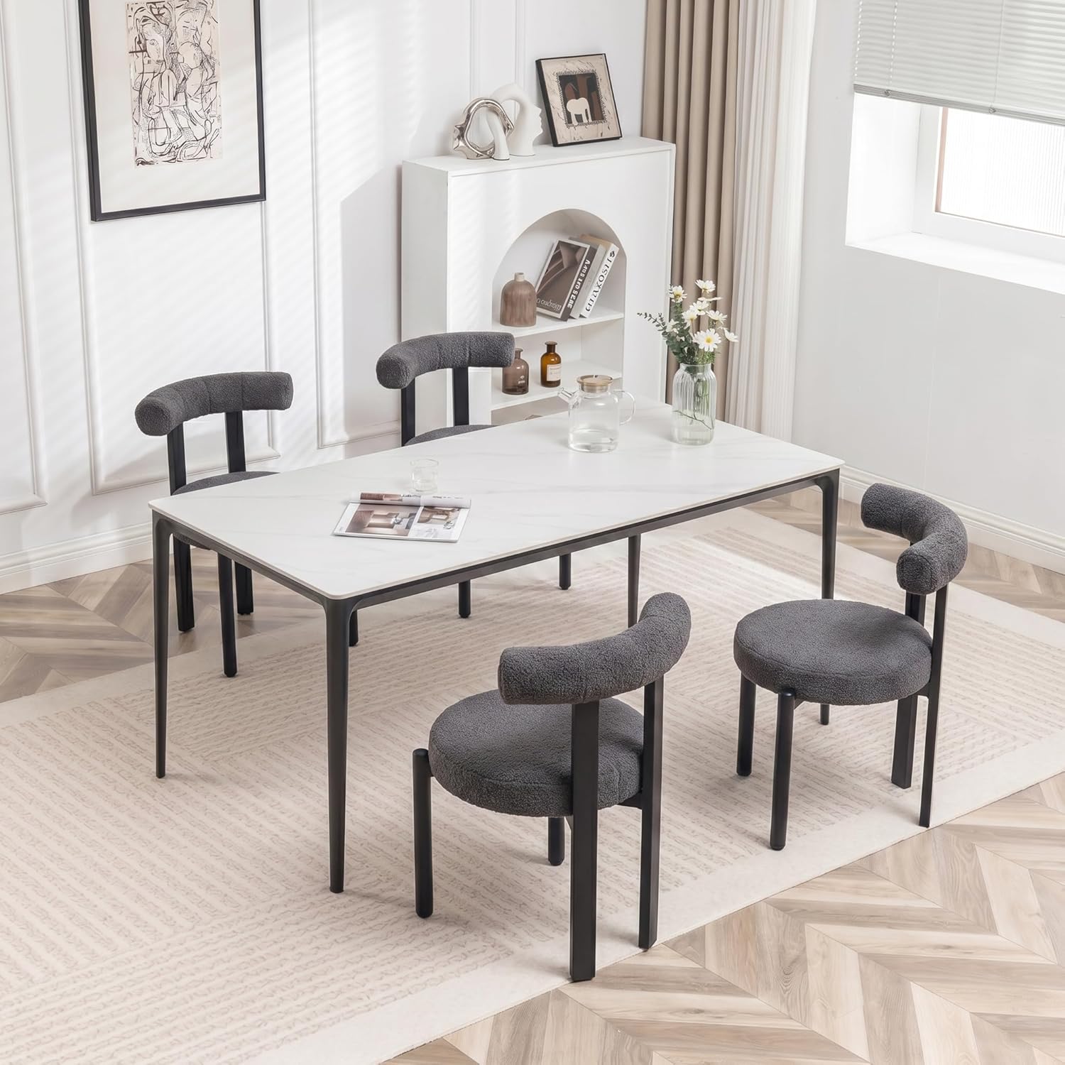 Boucle Dining Chairs Set of 4 Kitchen & Dining Room Chairs(Gray) | Mid Century Modern Upholstered Dining Chairs with Curved Backrest and Black Metal Legs