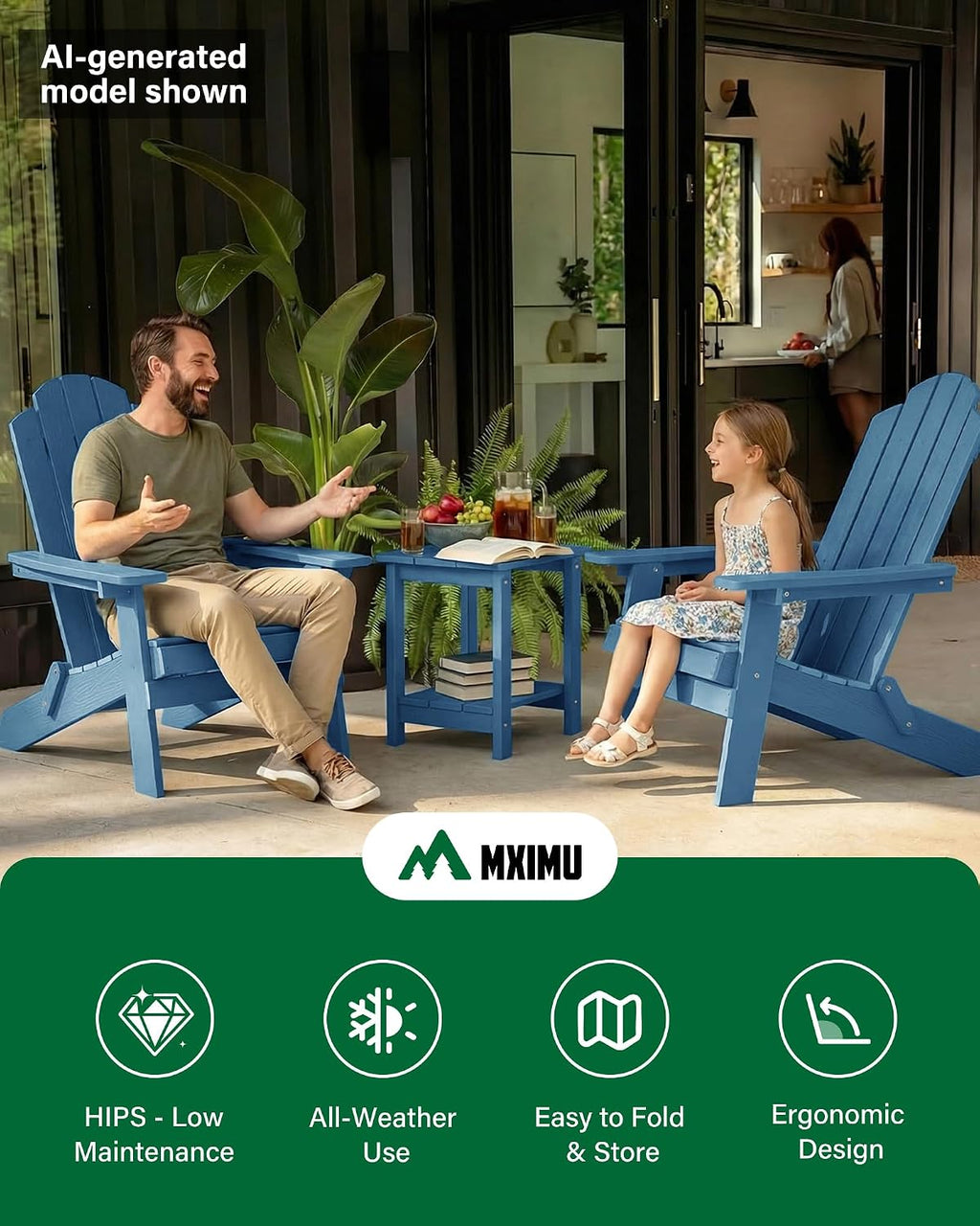 MXIMU Folding Adirondack Chair for Outdoor: Easy to Assemble and Comfortable Adirondack Chairs Set of 2 - All Weather Composite Plastic Chair for Outside Fire Pit Patio Lawn Garden Backyard Use(Navy)