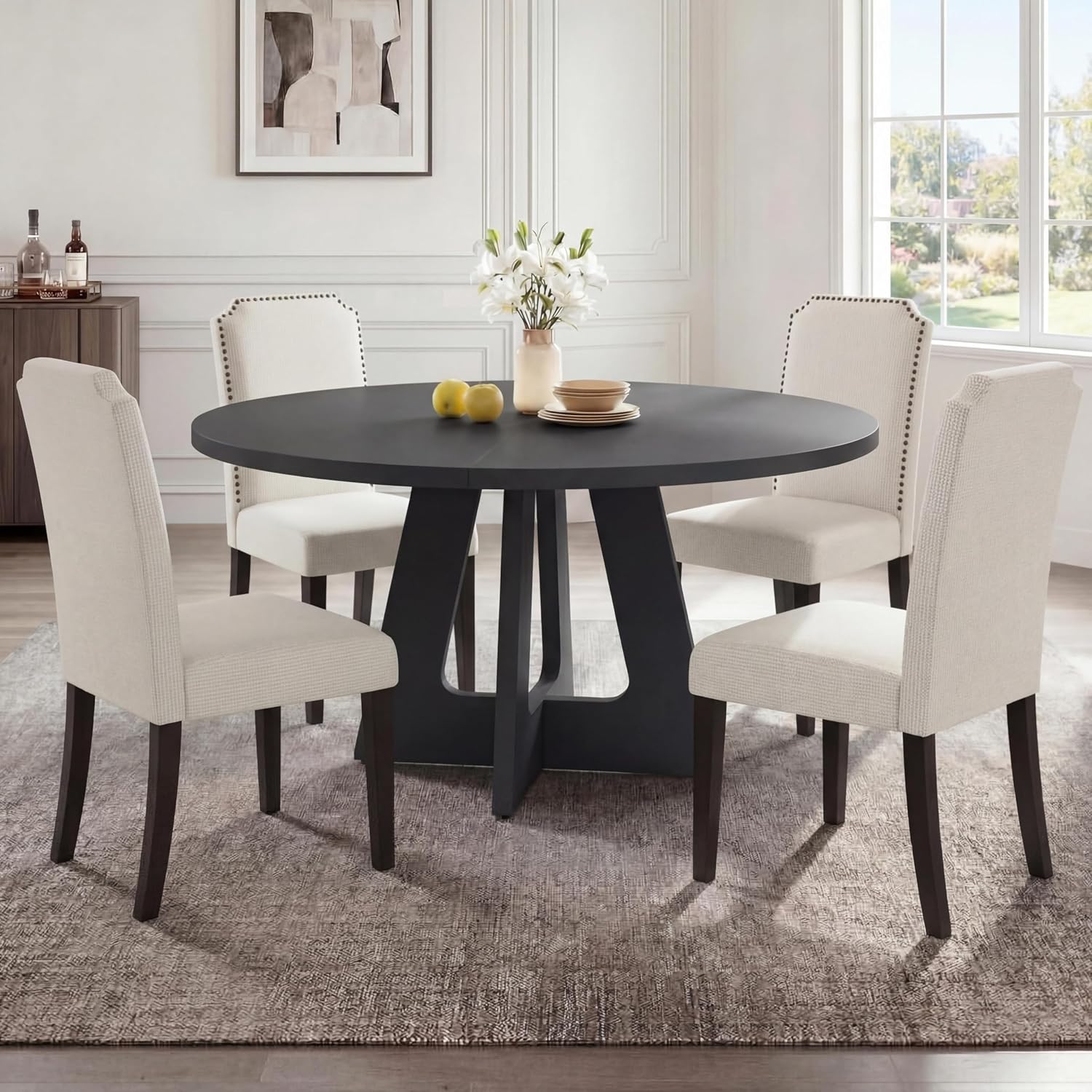 GAOMON 3-Piece 47.24" Round Dining Table Set with 2 Upholstered Dining Chairs, Space-Saving Kitchen Table for 4-6, Compact Dinette Set for Apartment, Living Room, Small Space, Dining Room