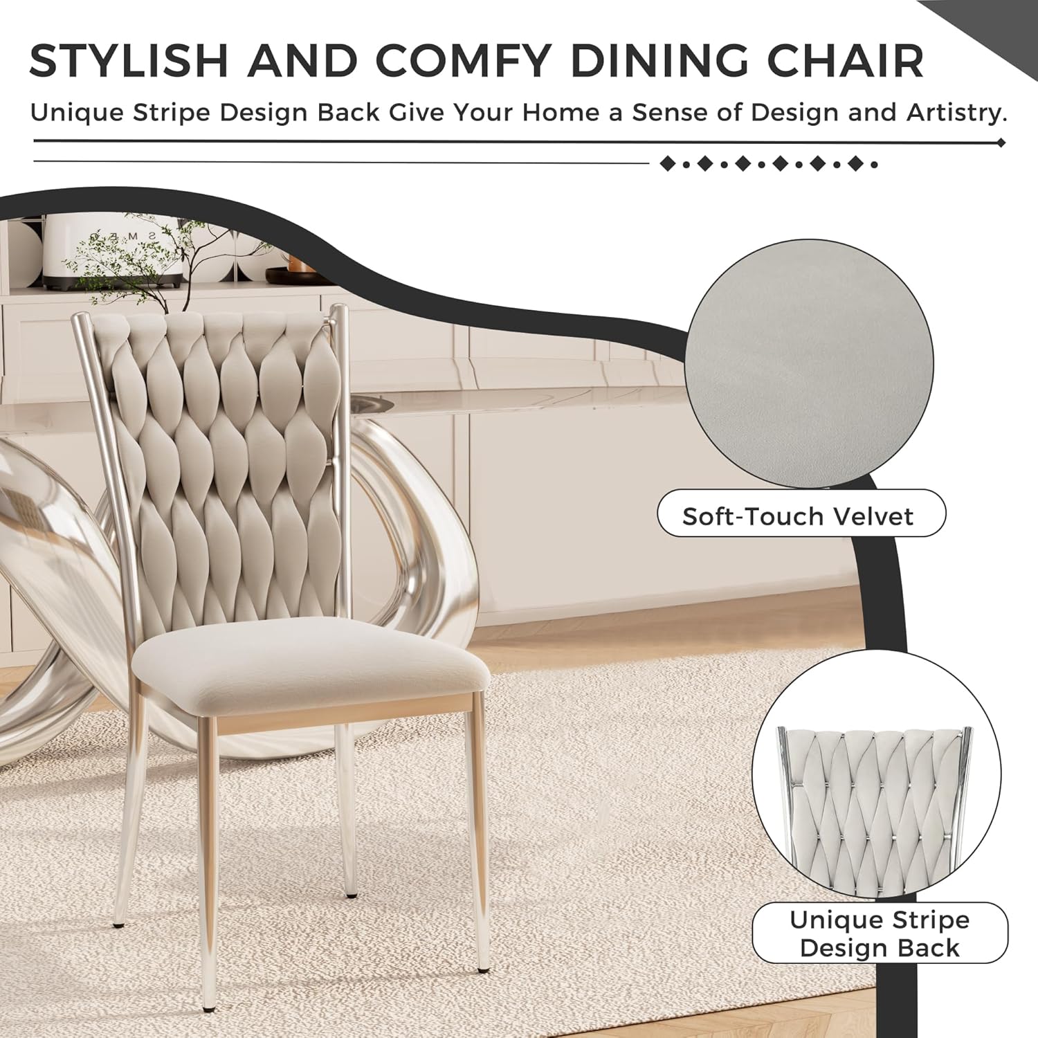 Velvet Dining Chairs Set of 6, Modern Woven Kitchen Chairs with Silver Metal Legs, Upholstered Cushion with High Back, Dirt Resistance, Easy to Install, for Living Room, Dining Room - Light Grey