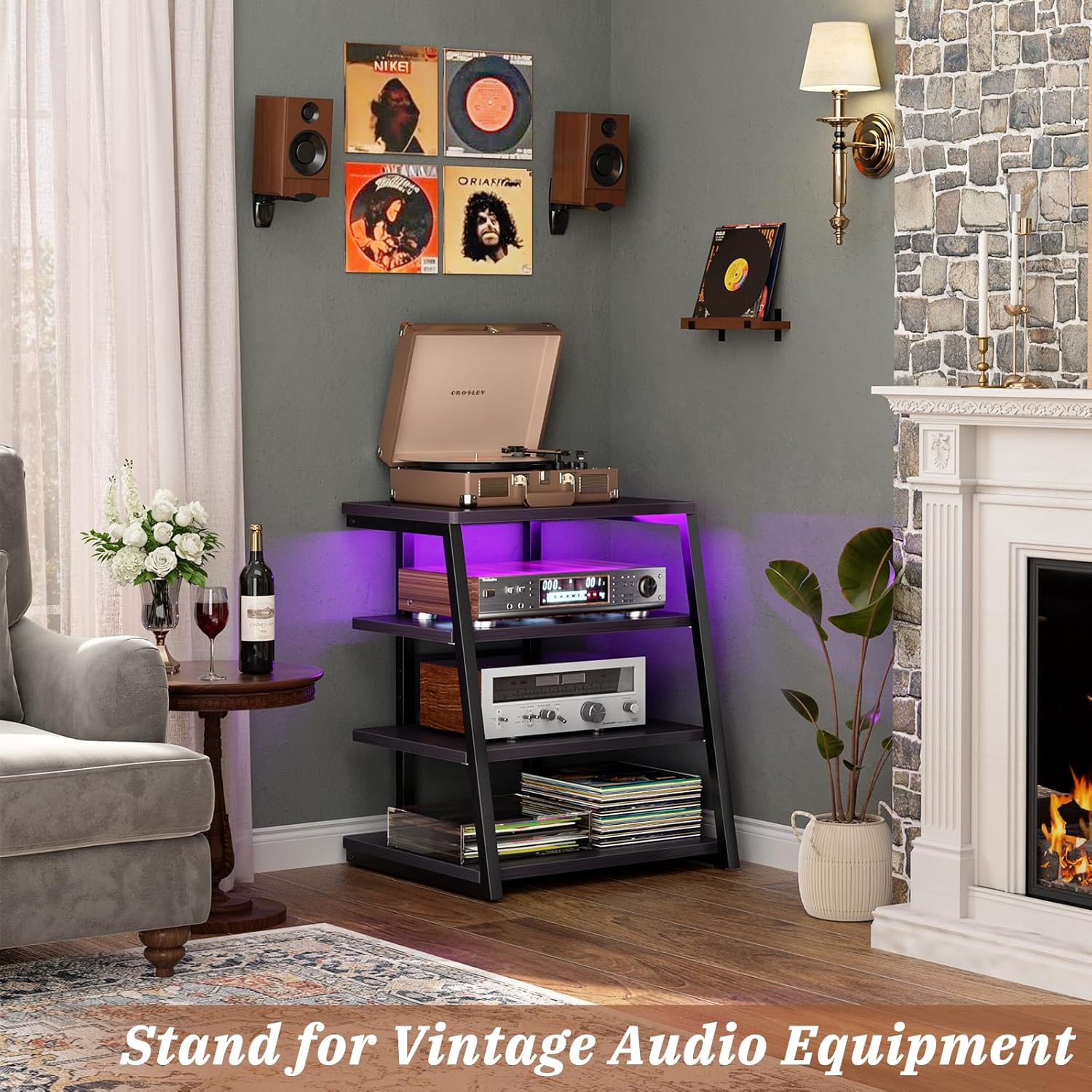 Armocity 4-Tier AV Media Stand with Power Strips, Stereo Stand with LED Lights, Rack Audio Tower with Adjustable Shelves, Small Entertainment Center, 30'', Black Ebony