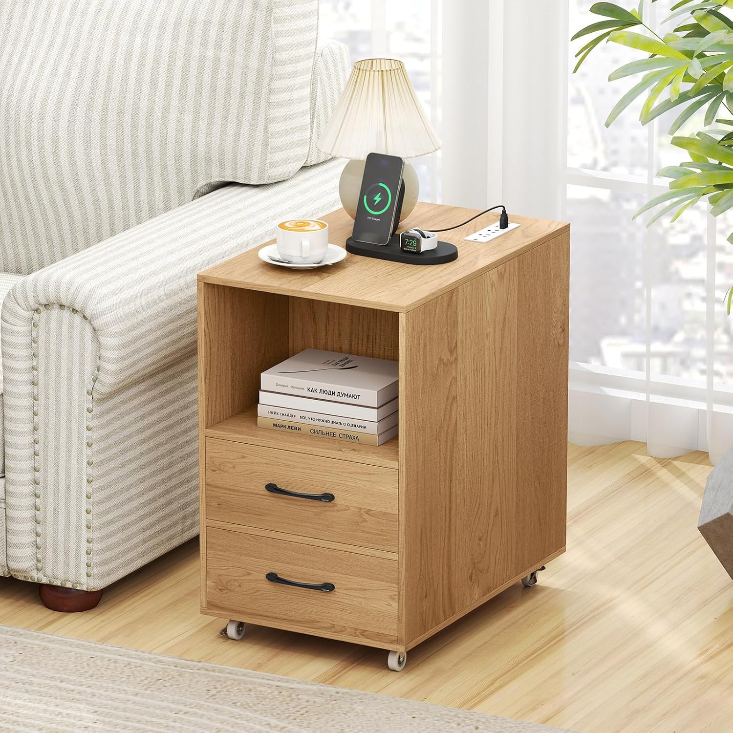 Giantex End Table with Charging Station - Night Stand on Wheels, Sofa Side Bedside Table w/USB & Type-C Port, Outlets, Storage Nightstand w/2 Drawers, Open Shelves for Living Room Bedroom (1, Natural)