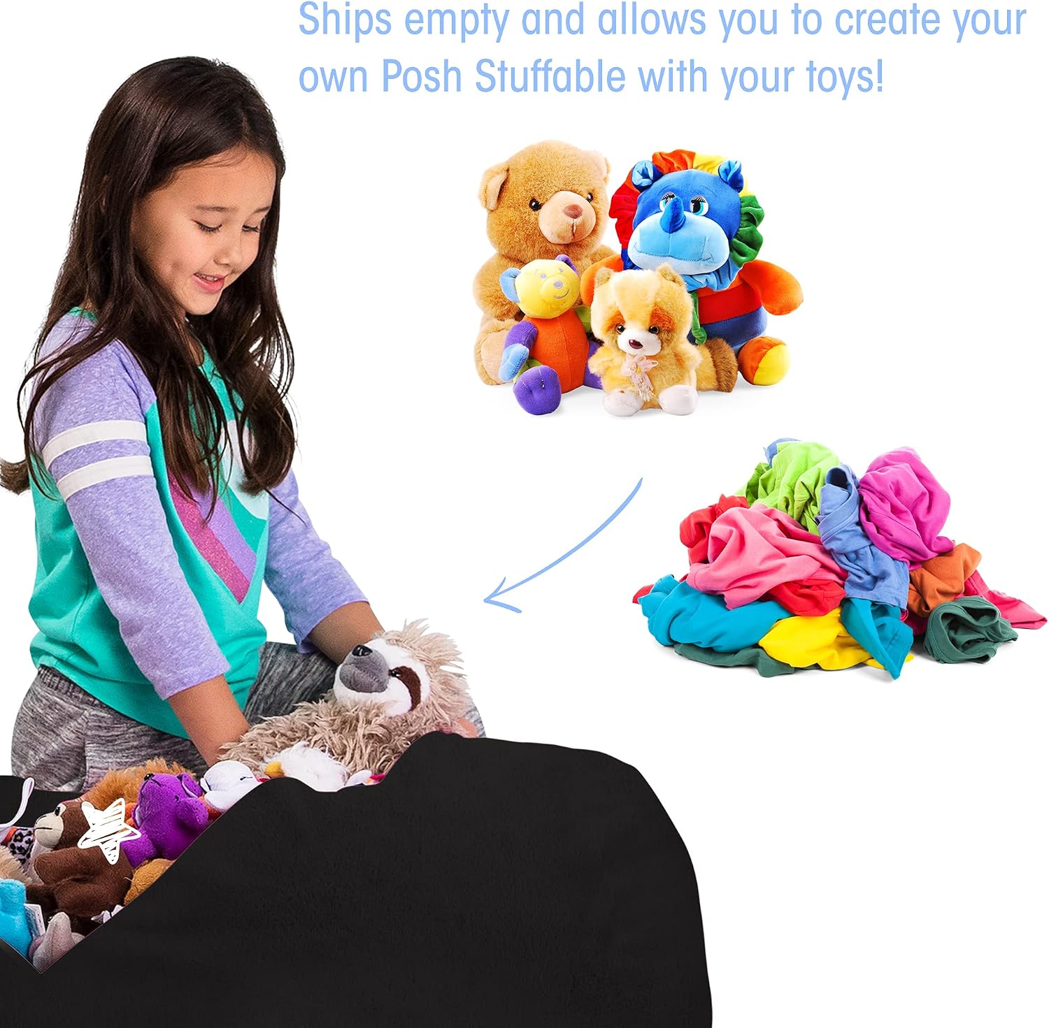 Posh Creations Stuffable Kids Stuffed Animal Storage Bean Bag Chair Cover - Childrens Toy Organizer, Large 38" - Soft Faux Rabbit Fur Black