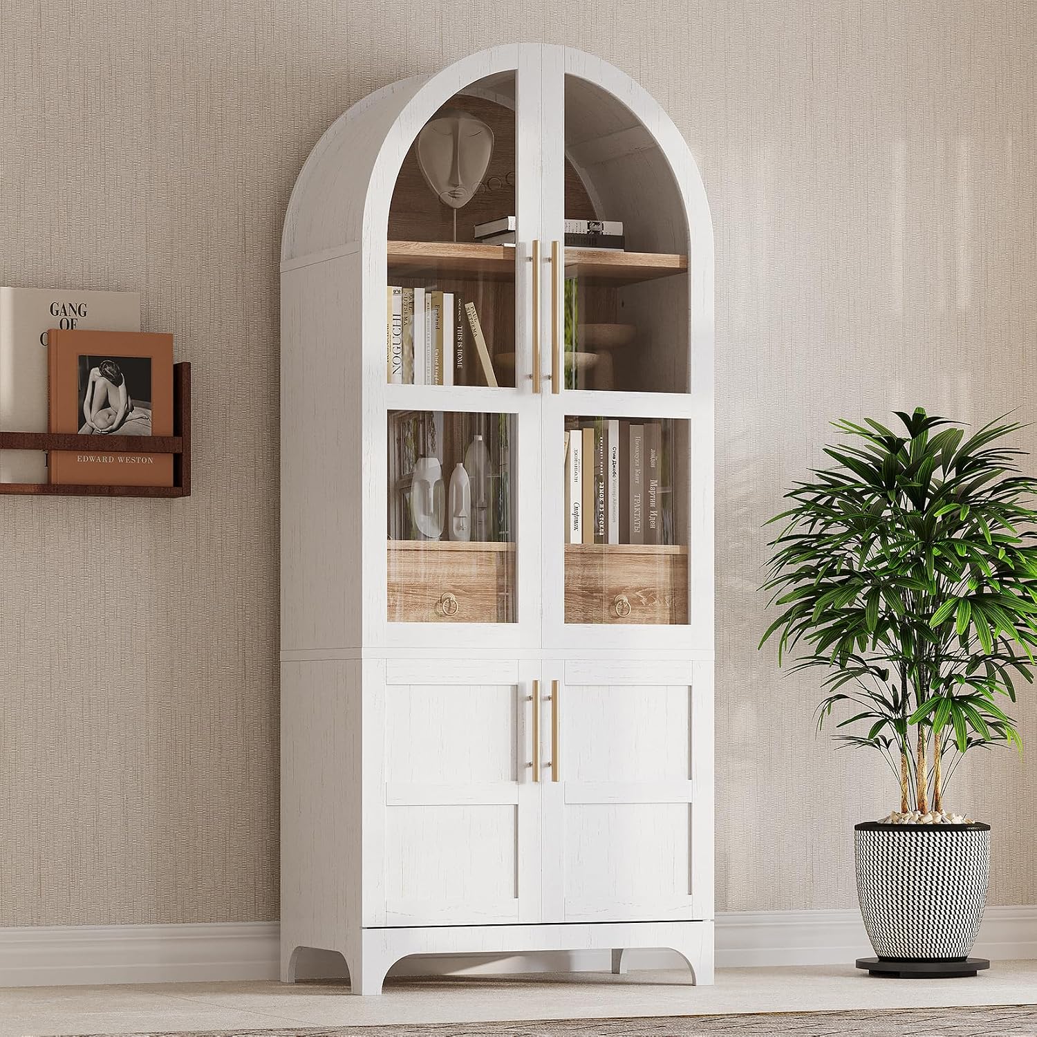 71" Tall Arched Freestanding Cupboard with 4 Doors & Door Shelves, Farmhouse Kitchen Pantry Storage Cabinet with Adjustable Shelves, Hidden Drawer & Glass Door for Kitchen, Dining Room