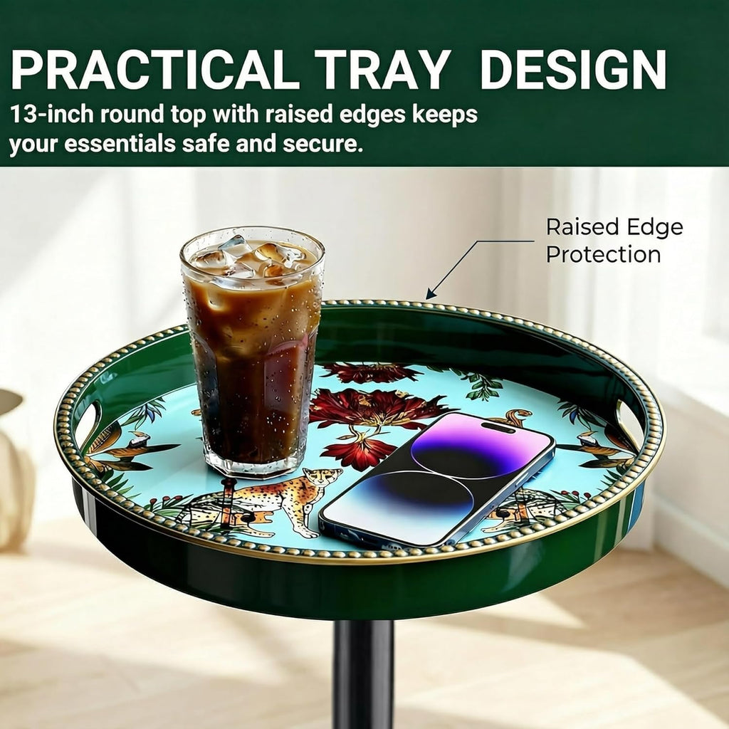 Gesodant Boho Single Leg Round Side Table with Tray Top, Pedestal Drink Table for Small Spaces, Aesthetic Accent Nightstand for Living Room, Bedroom, Corners, and Office (Green Leopard)