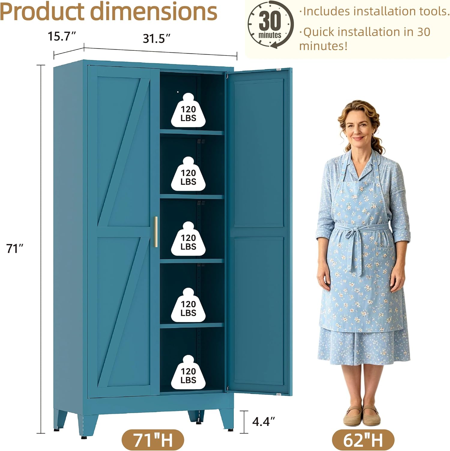 71”H Metal Kitchen Pantry Cabinet, Pantry Cabinets with 2 Doors and 4 Shelves, Kitchen Cabinet for Kitchen, Dining Room, Living Room and Bathroom, Blue