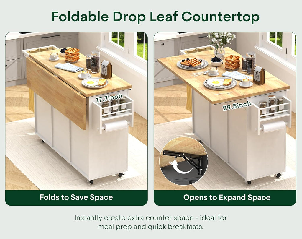 43.3" x 29.5" Kitchen Island with Drop Leaf, Rolling Kitchen Island on Wheels with Removable Trash Bag, Kitchen Island Cart with Storage Cabinet, Drawers & Spice Rack, White